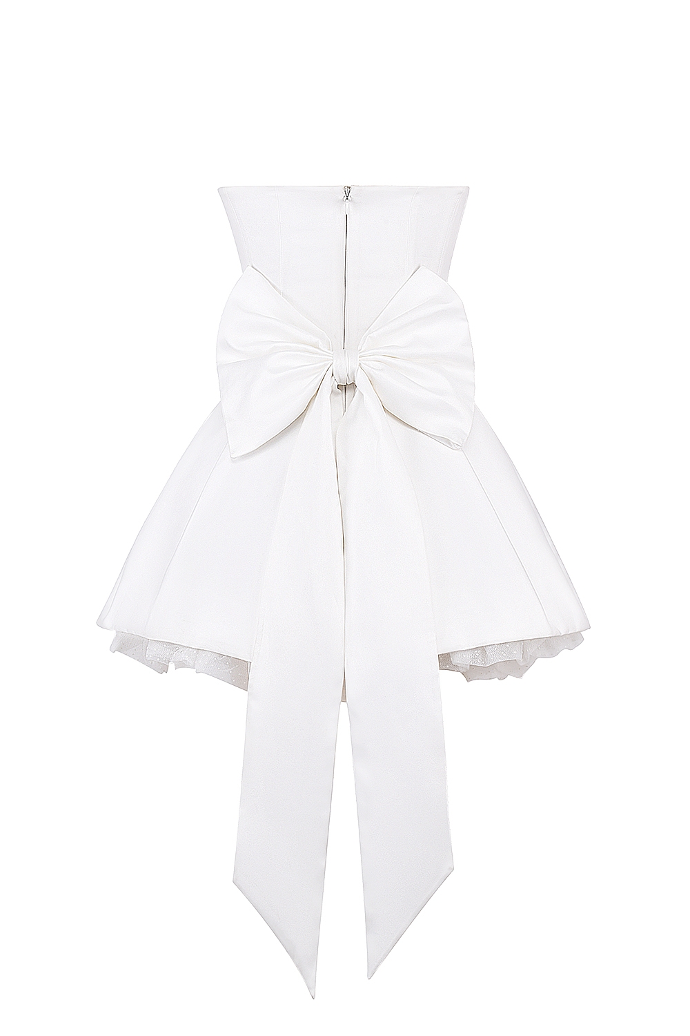 white satin strapless bow mini gown
