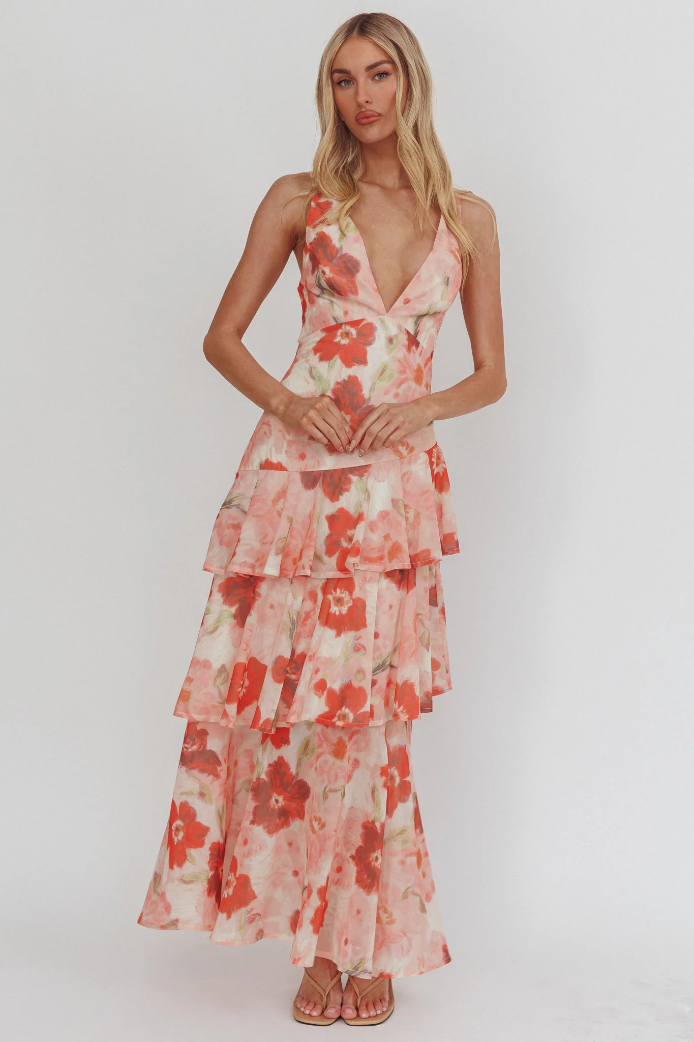 Veda Strappy Back Ruffle Maxi Dress Poppies Red - luluinthesky