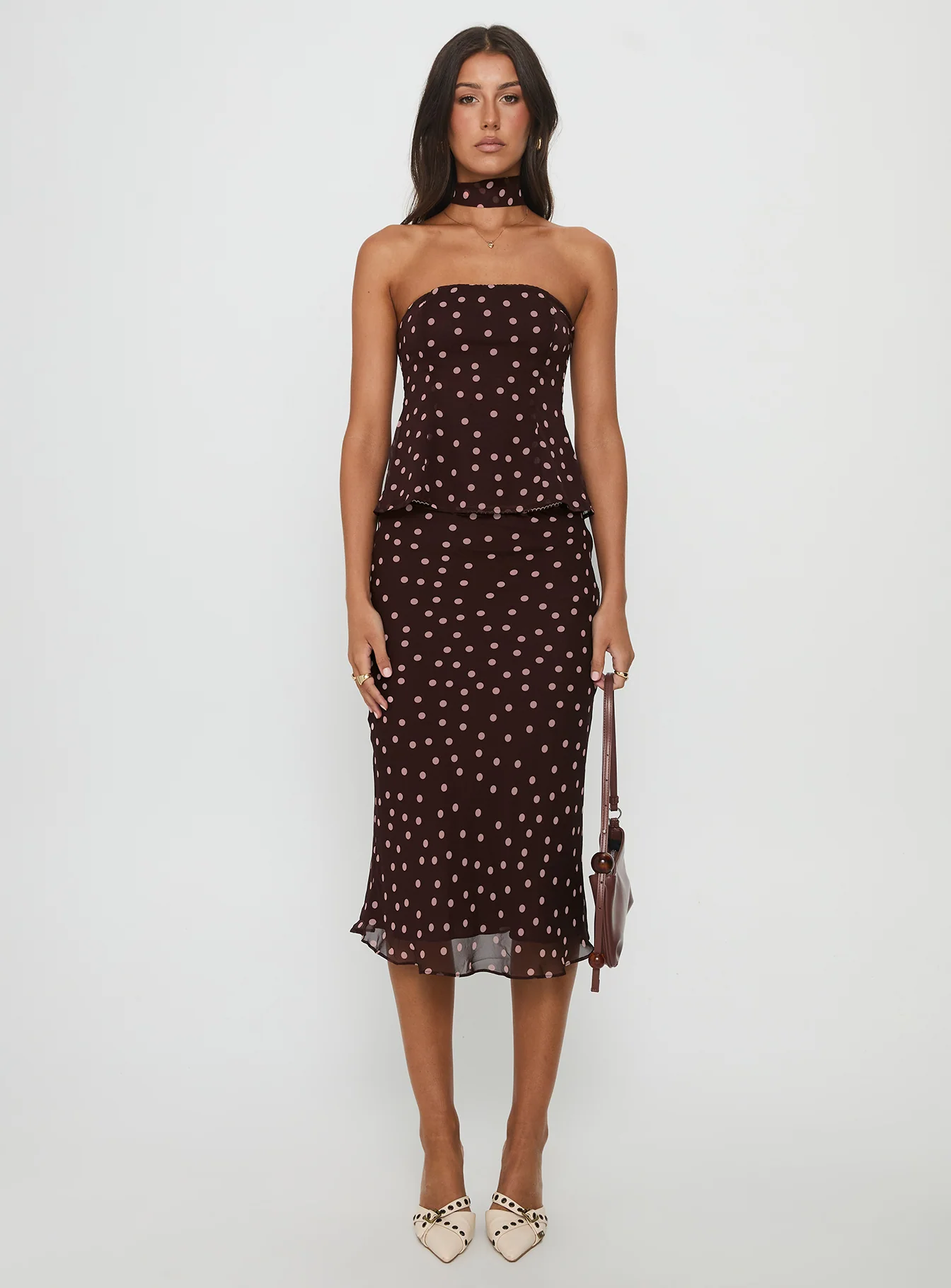 Sydni Scarf Detail Strapless Top Chocolate / Pink Polka Dot