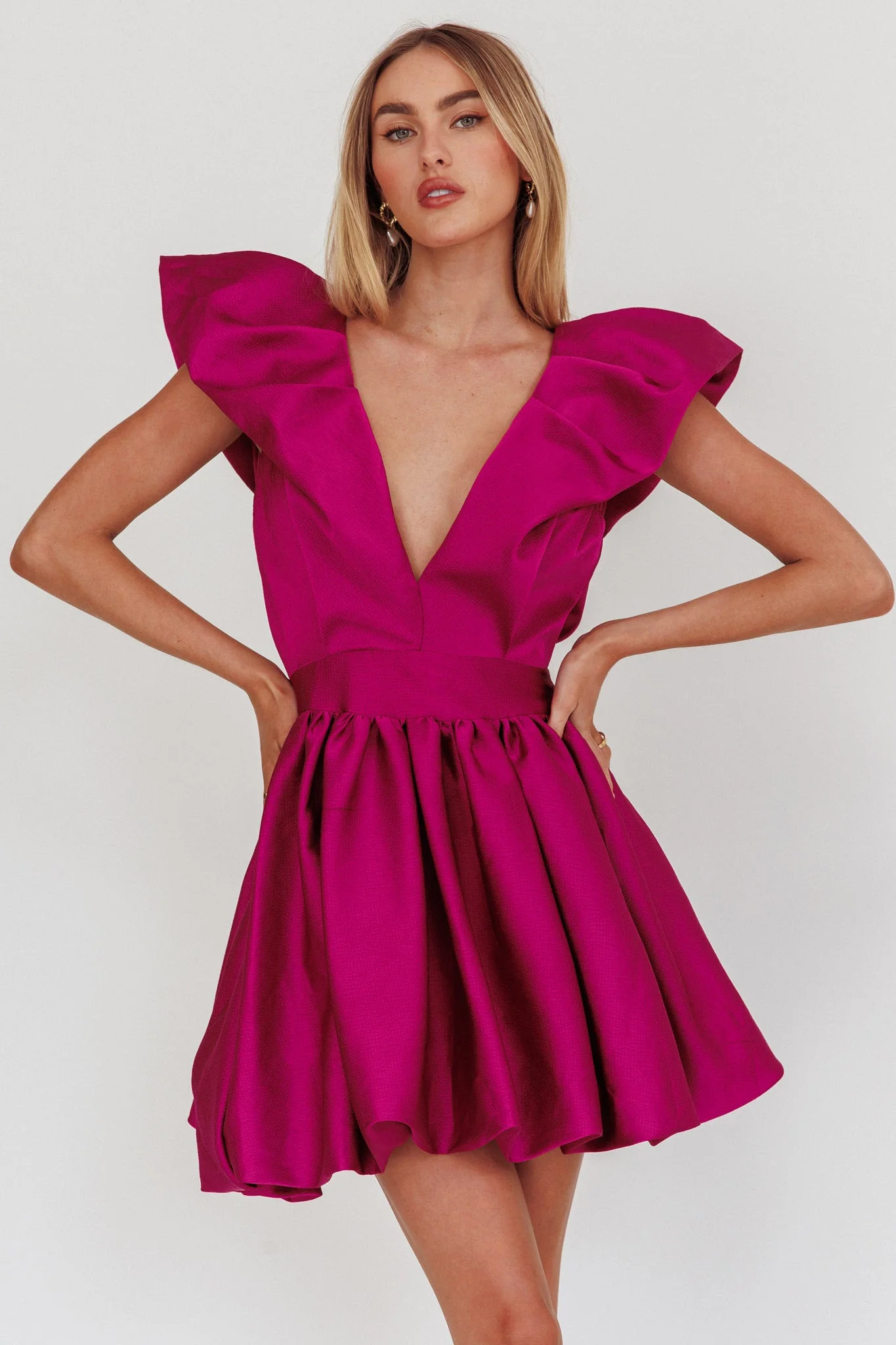 Hidden Heart Bubble Hem Mini Dress Magenta - luluinthesky