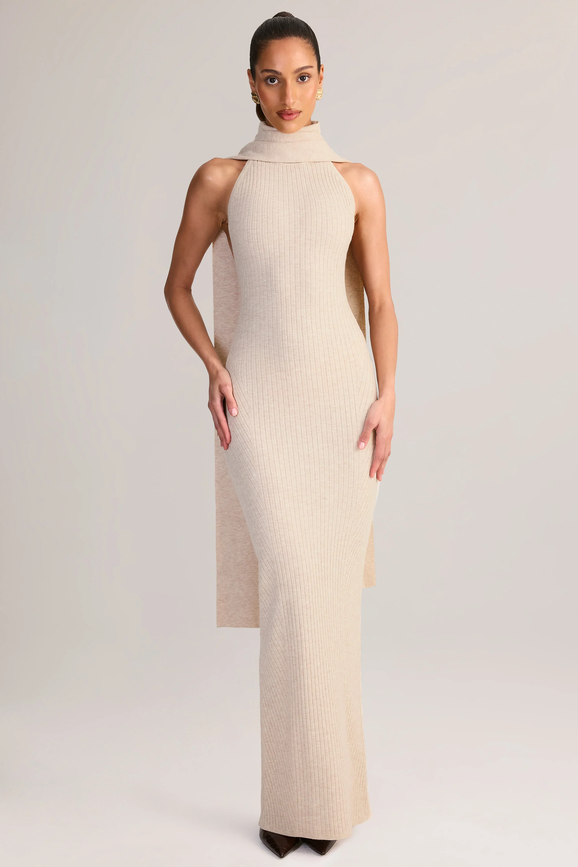 Rib-Knit Scarf-Detail Halterneck Maxi Dress in Cream