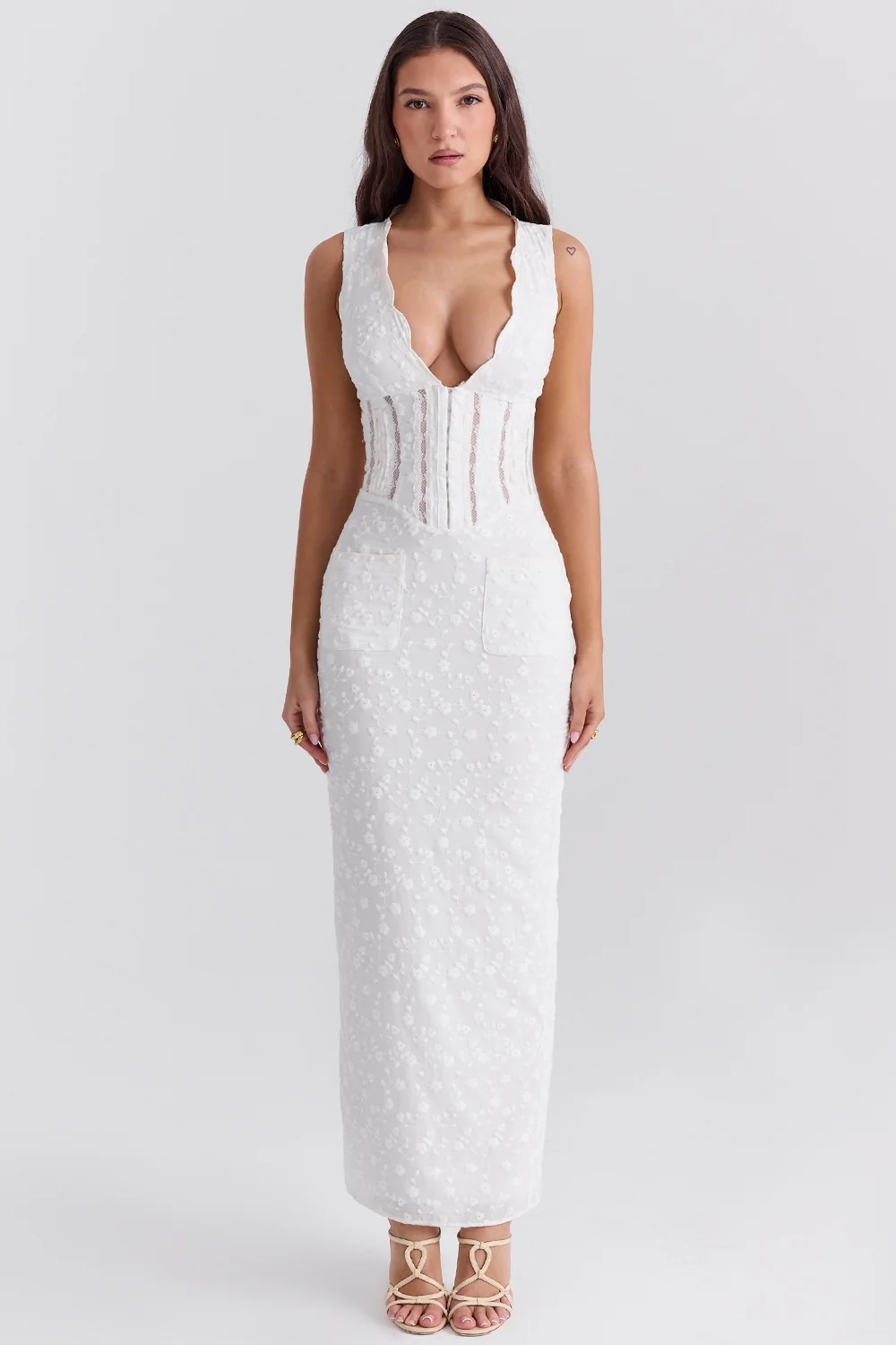 White Cotton Broderie Anglais Plunge Maxi Dress