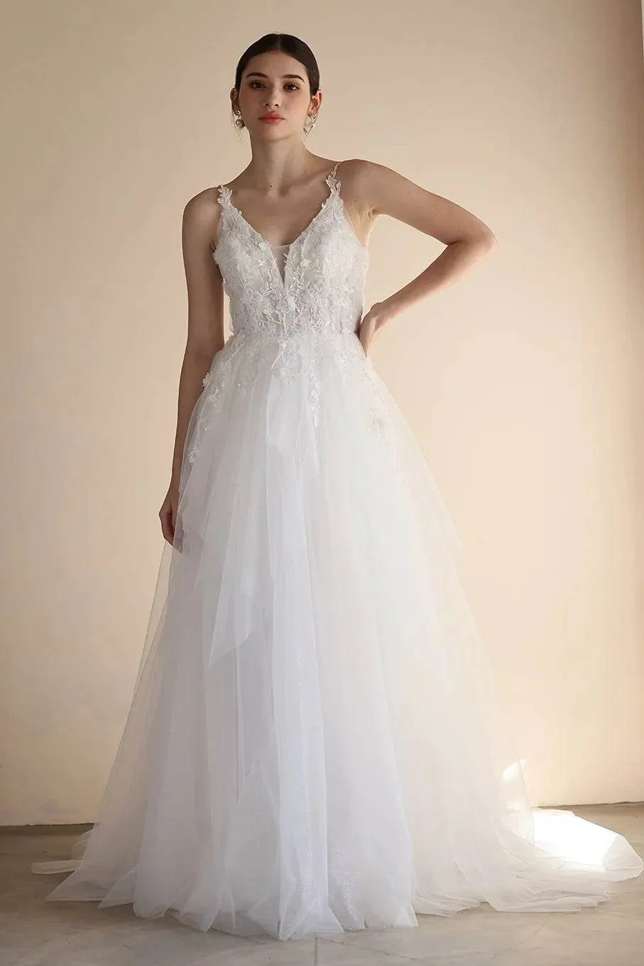 A-Line Sweep-Brush Train Lace Tulle Wedding Dress CW3550