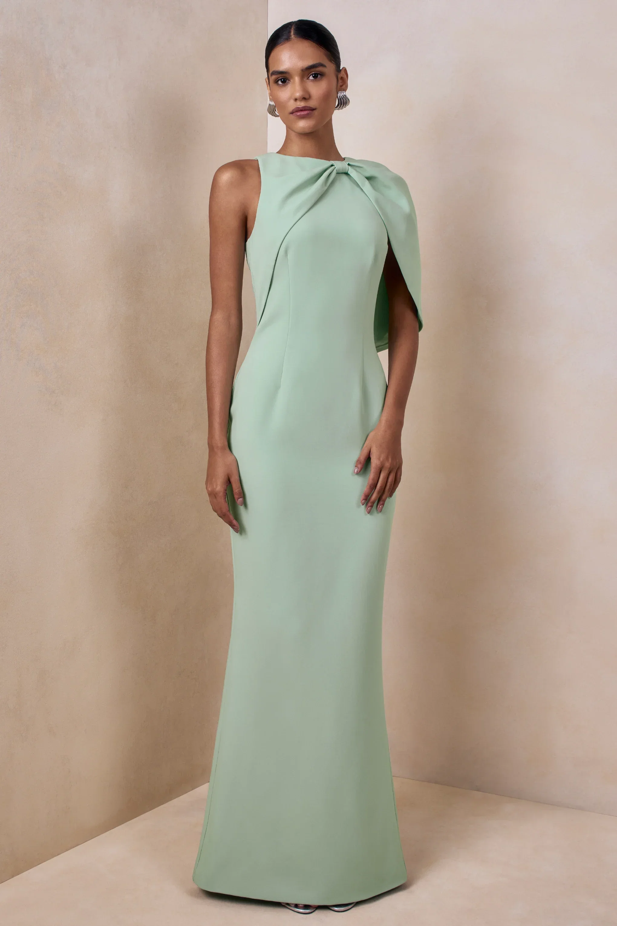 Quira | Mint Asymmetric-Neck Maxi Dress With Cape-Sleeve