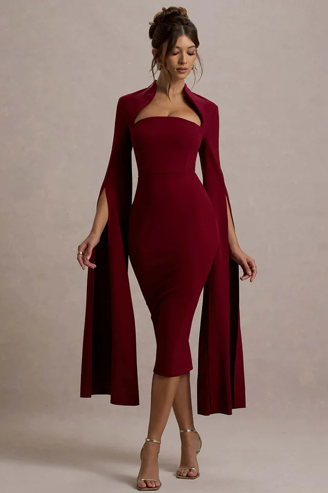 Berry Bodycon Cape-Sleeve Midi Dress