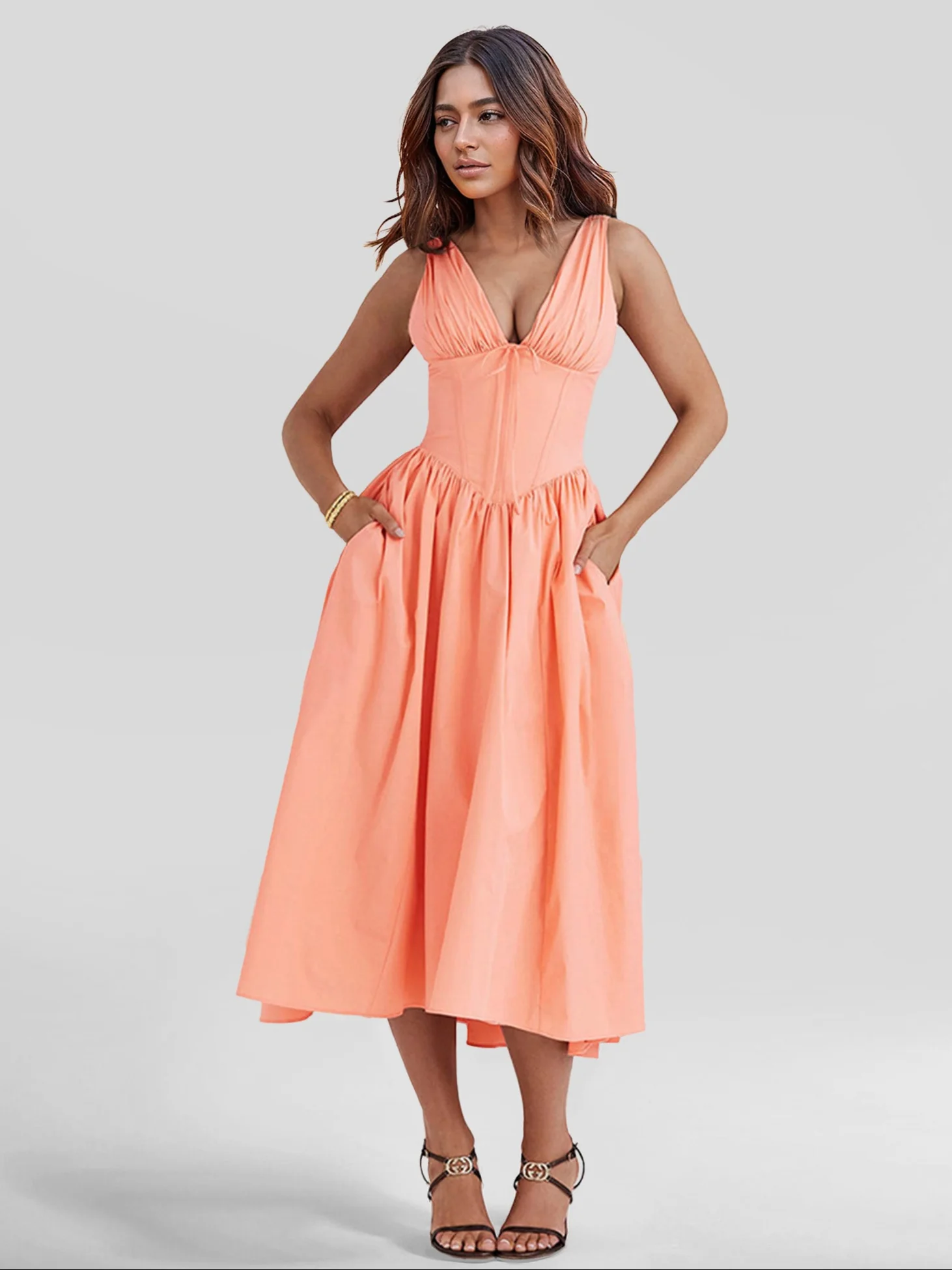 V-Neck Cinched Waist Midi Dress