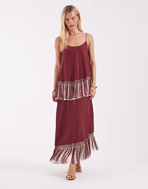 double tier layered two tone fringe satin cami maxi dress in burgundy