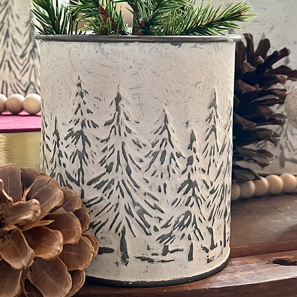 Snowy Tree Embossed Metal Christmas Planters, Set of 3
