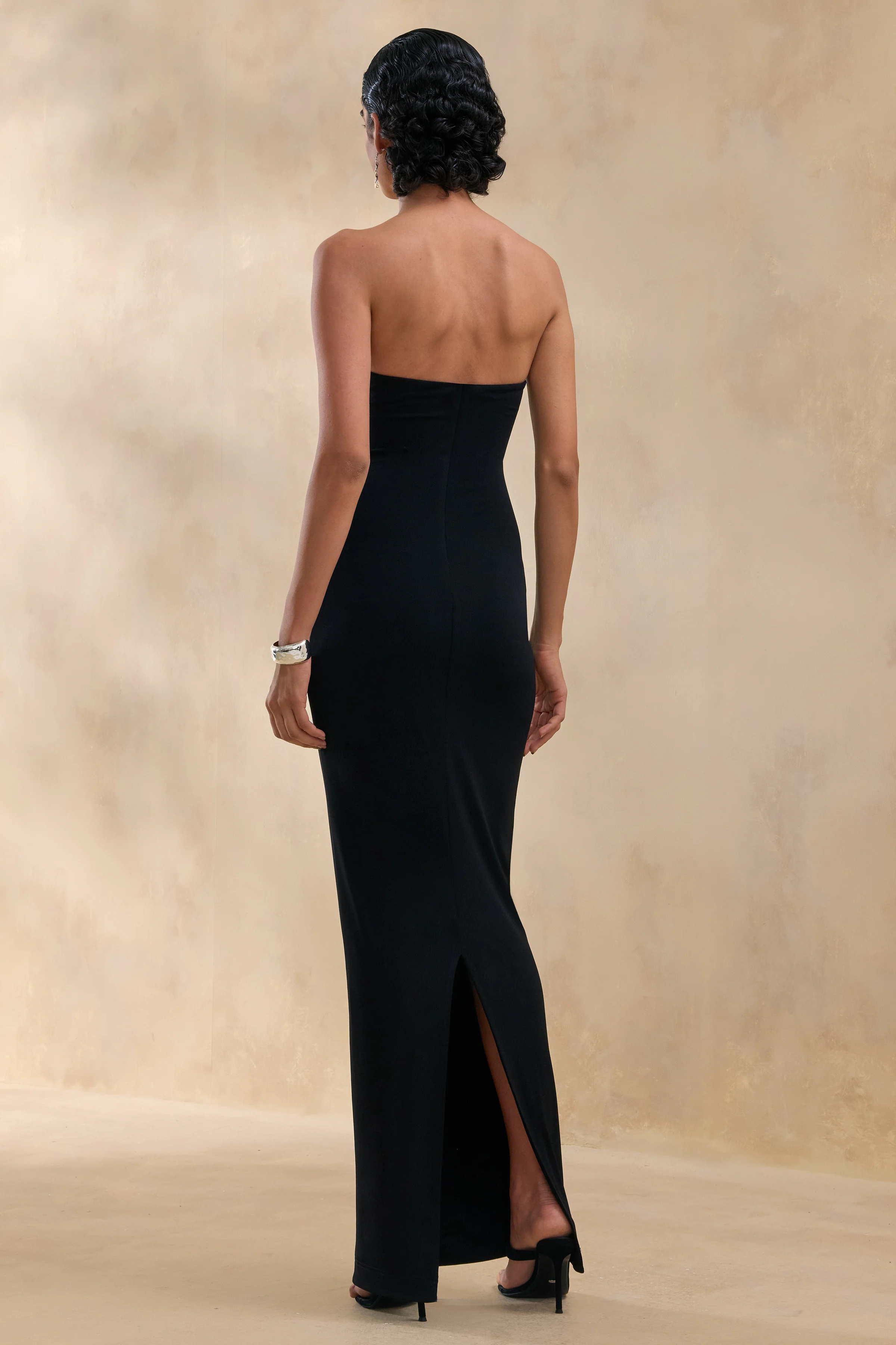 Milania | Black Asymmetric-Neck Maxi Dress With Twist-Sleeve