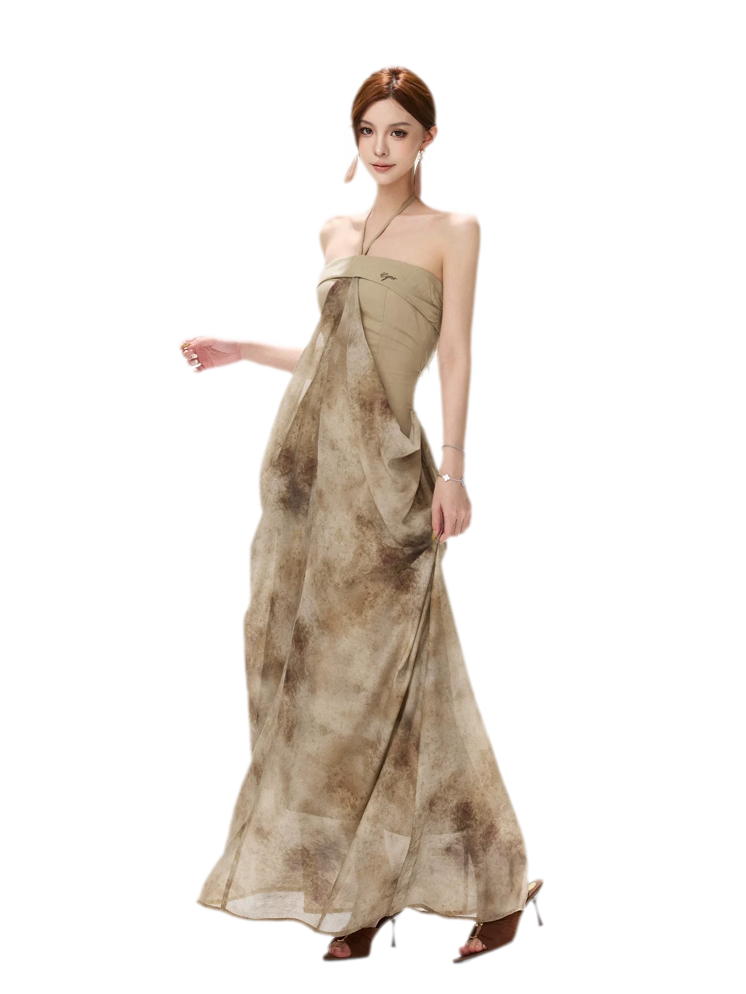 Ink-Wash Pleated Halter Dress