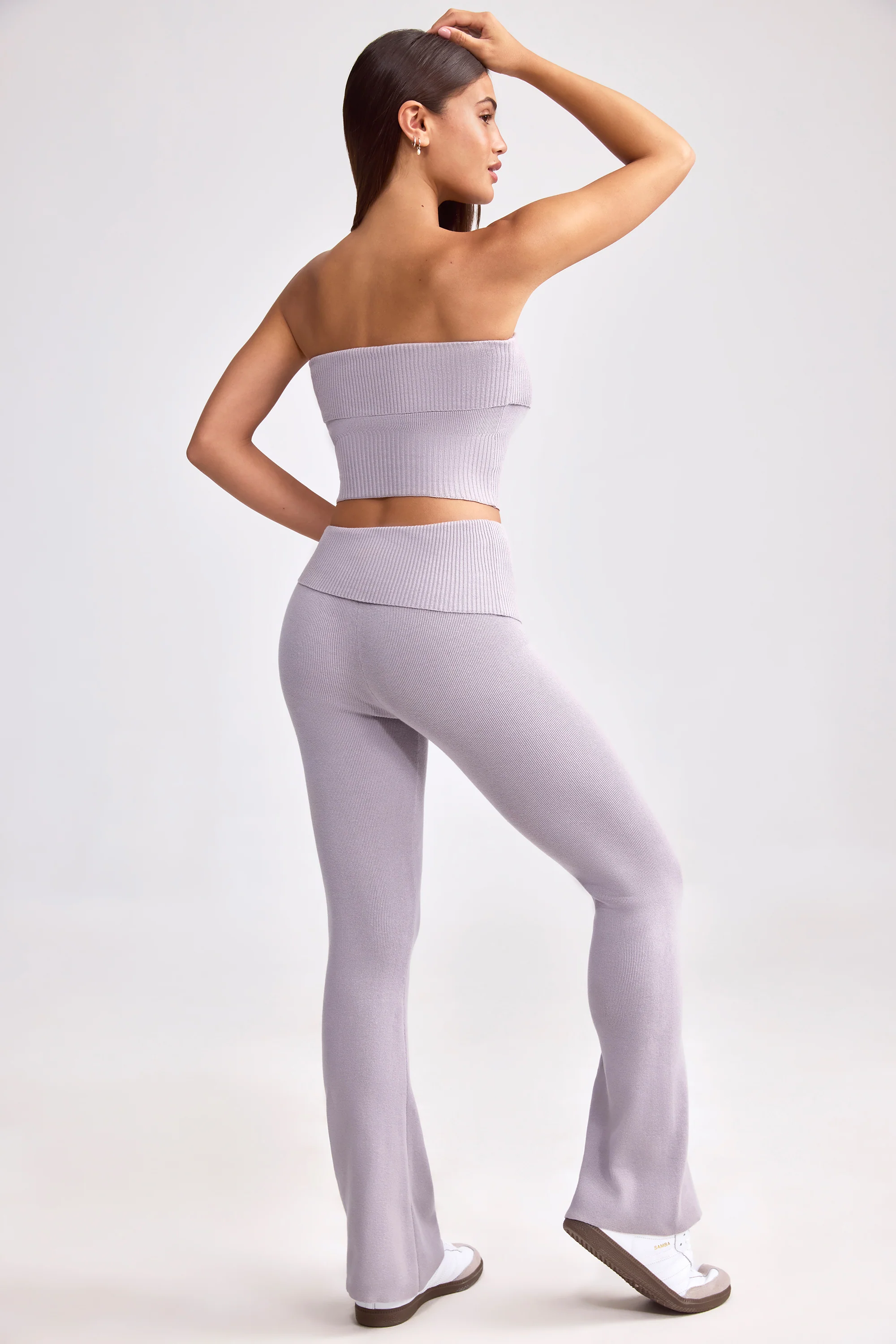 Chunky Knit Foldover Kick Flare Trousers in Dusty Lavender