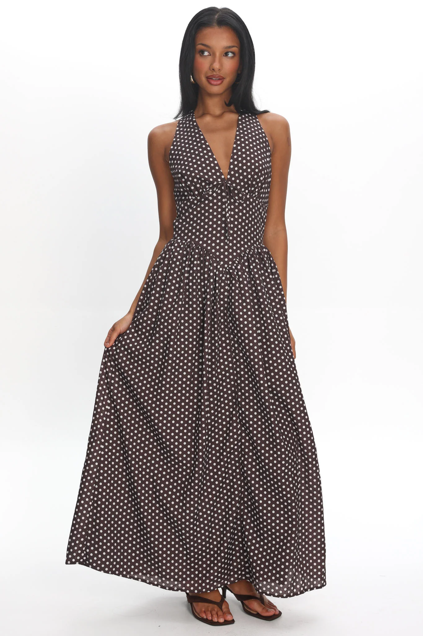 Clarette Basque Waist Open Back Maxi Dress Spotted Chocolate