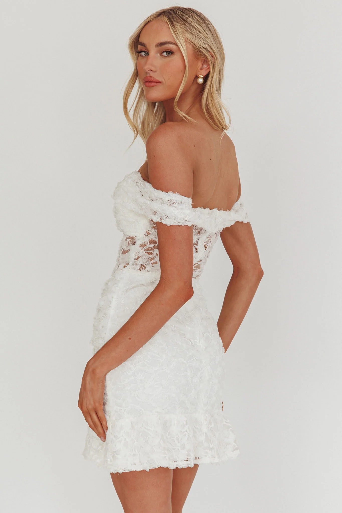 All The Lights Off-Shoulder Lace Mini Dress White