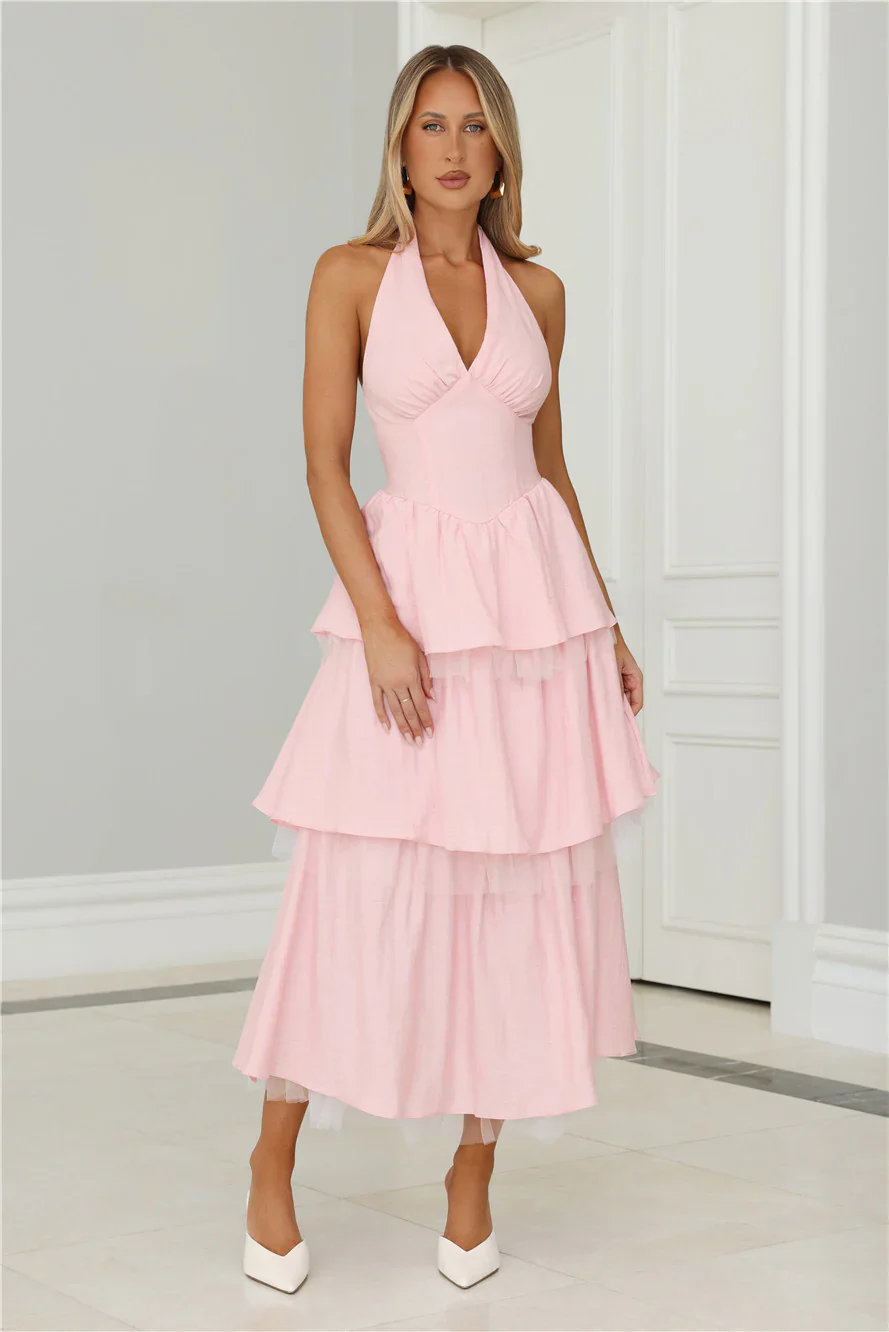 Twinkle Into Night Tulle Halter Maxi Dress Pink - luluinthesky