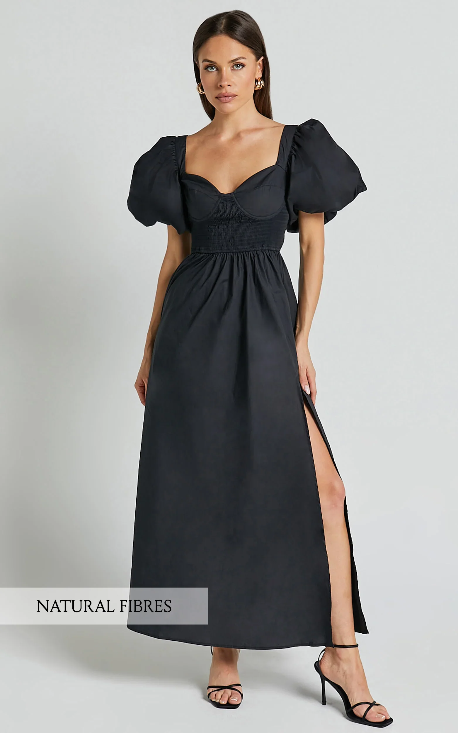 Raiza Midi Dress - Shirred Waist Puff Sleeve Dress in Black