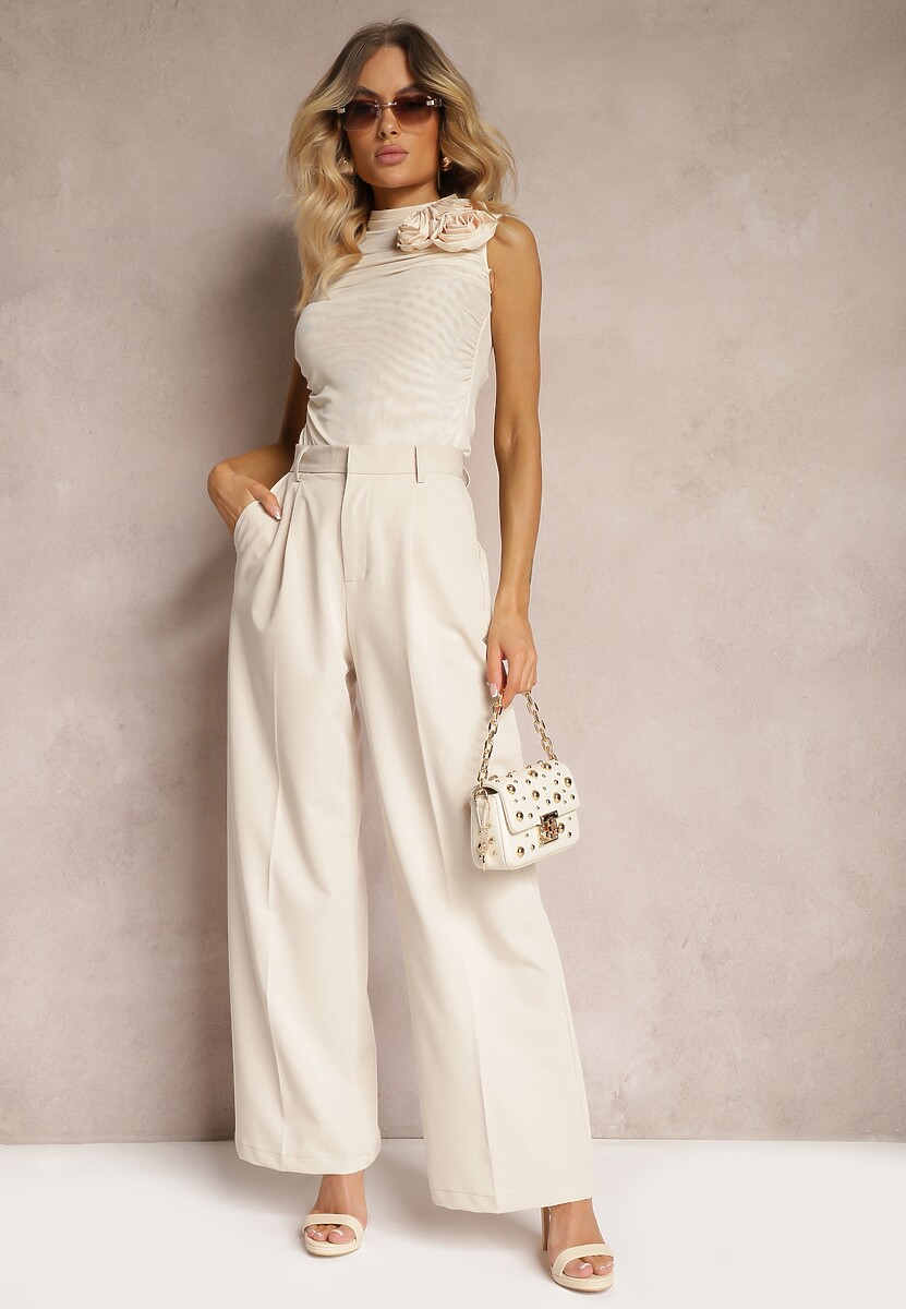 Beżowe Szerokie Spodnie High Waist Seraphella