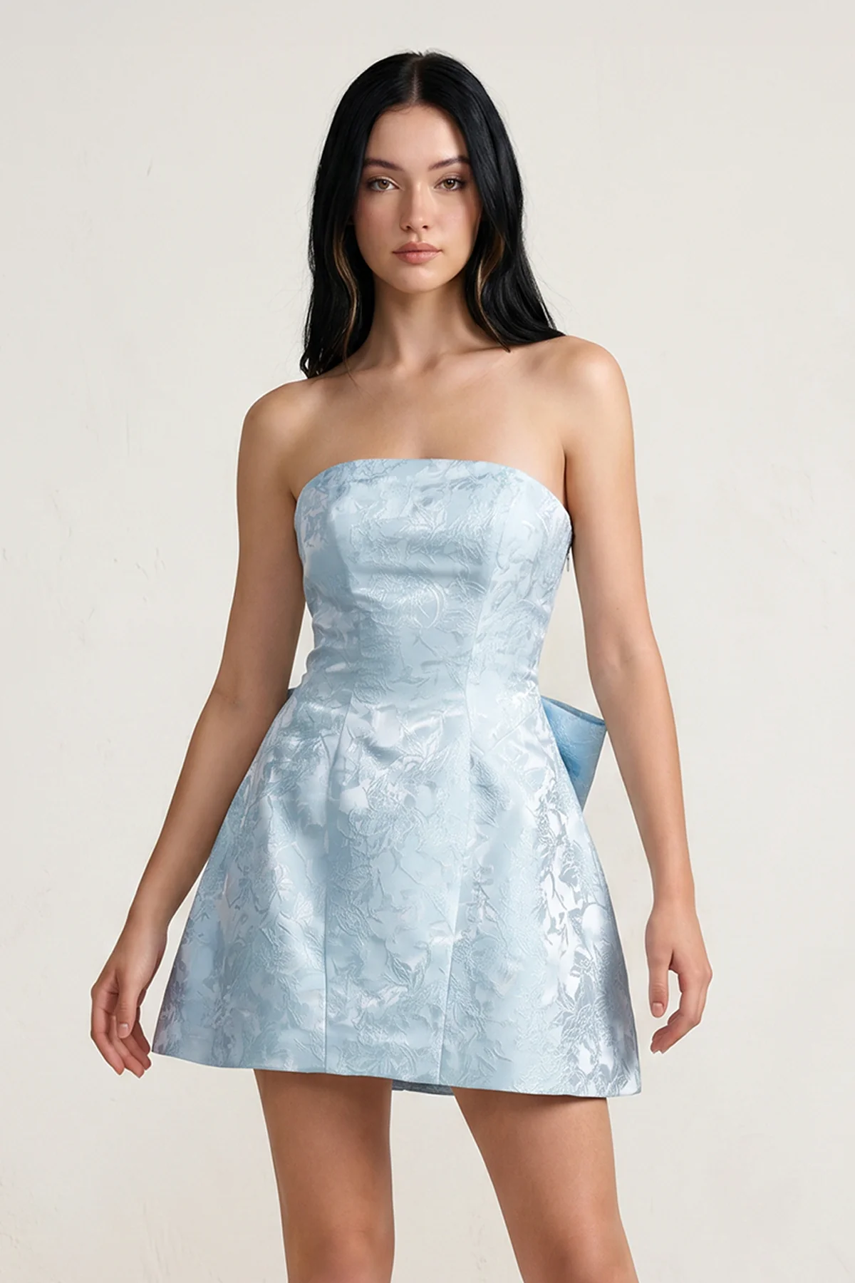 Sky Blue Strapless Jacquard A Line Homecoming Dress With Bowknot