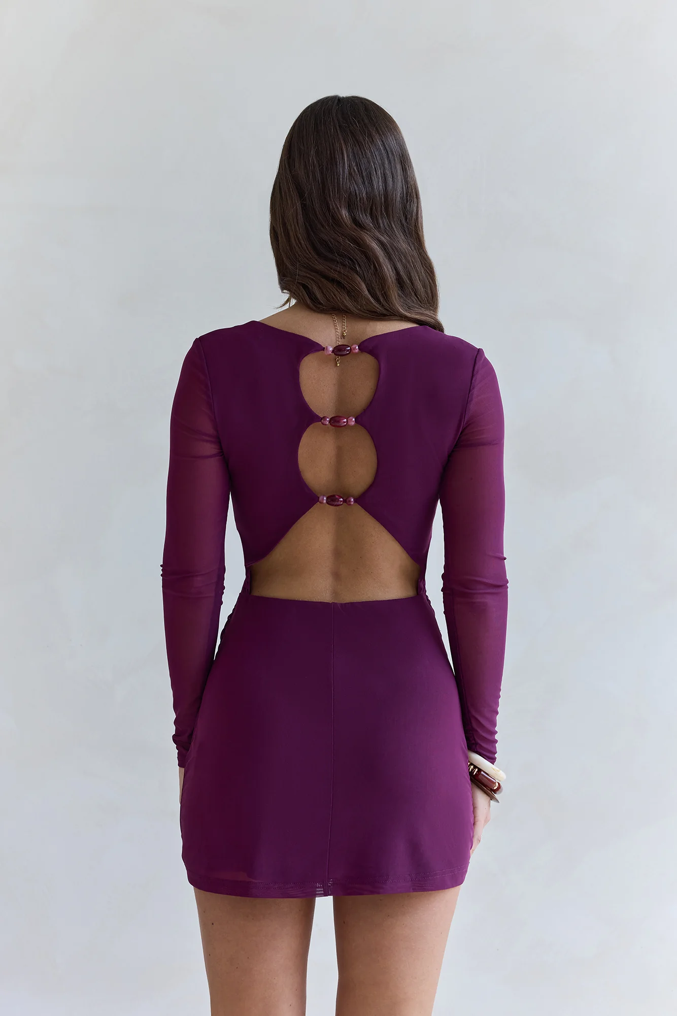 Glowing Nights Long Sleeve Mesh Mini Dress Plum