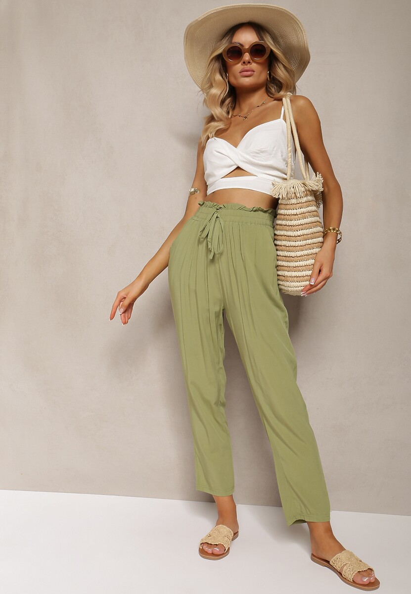 Zielone Spodnie z Bawełny Typu Paper Bag High Waist z Gumką w Talii Kitanea