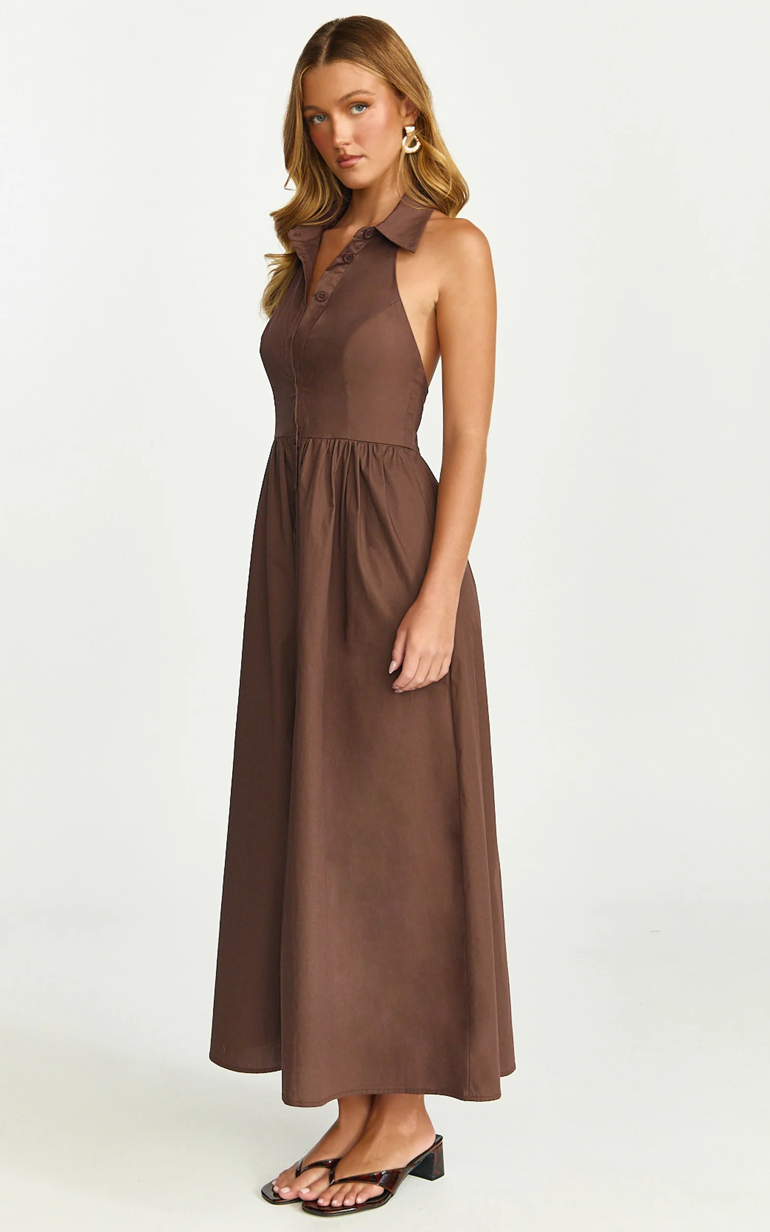 Ruby Midi Dress - Collared Button Down Gathered Waist Skirt Fit And Flare Dress in Dark Chocolate