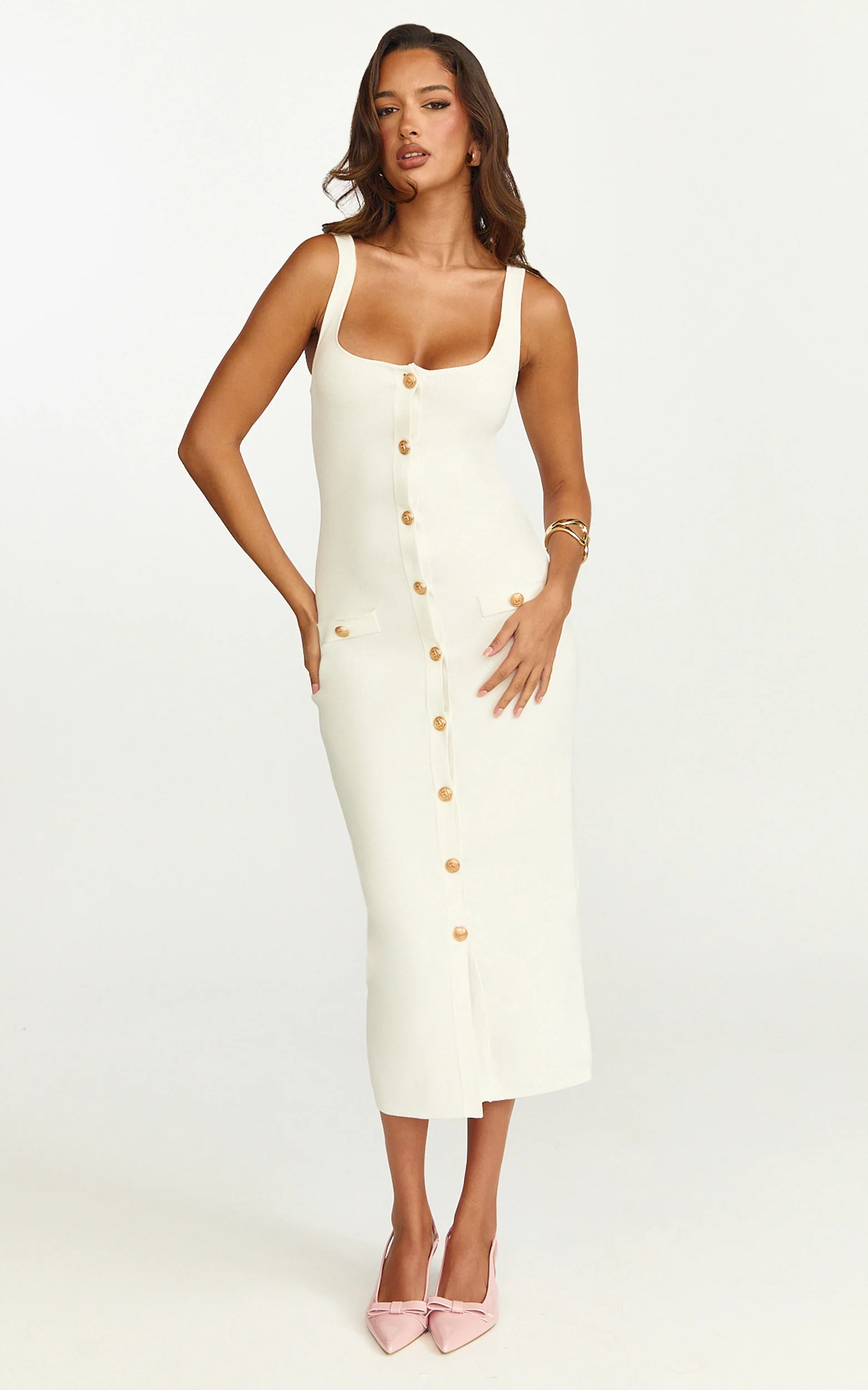 Gabby Midi Dress - Sweetheart Strapped Hardware Button Front Fitted Contrast Trim Knit Dress in Plain White
