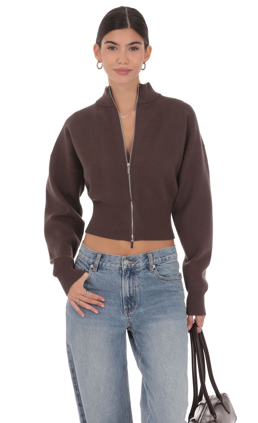 Knit Mock Neck Zip-Up Cardigan in Brown