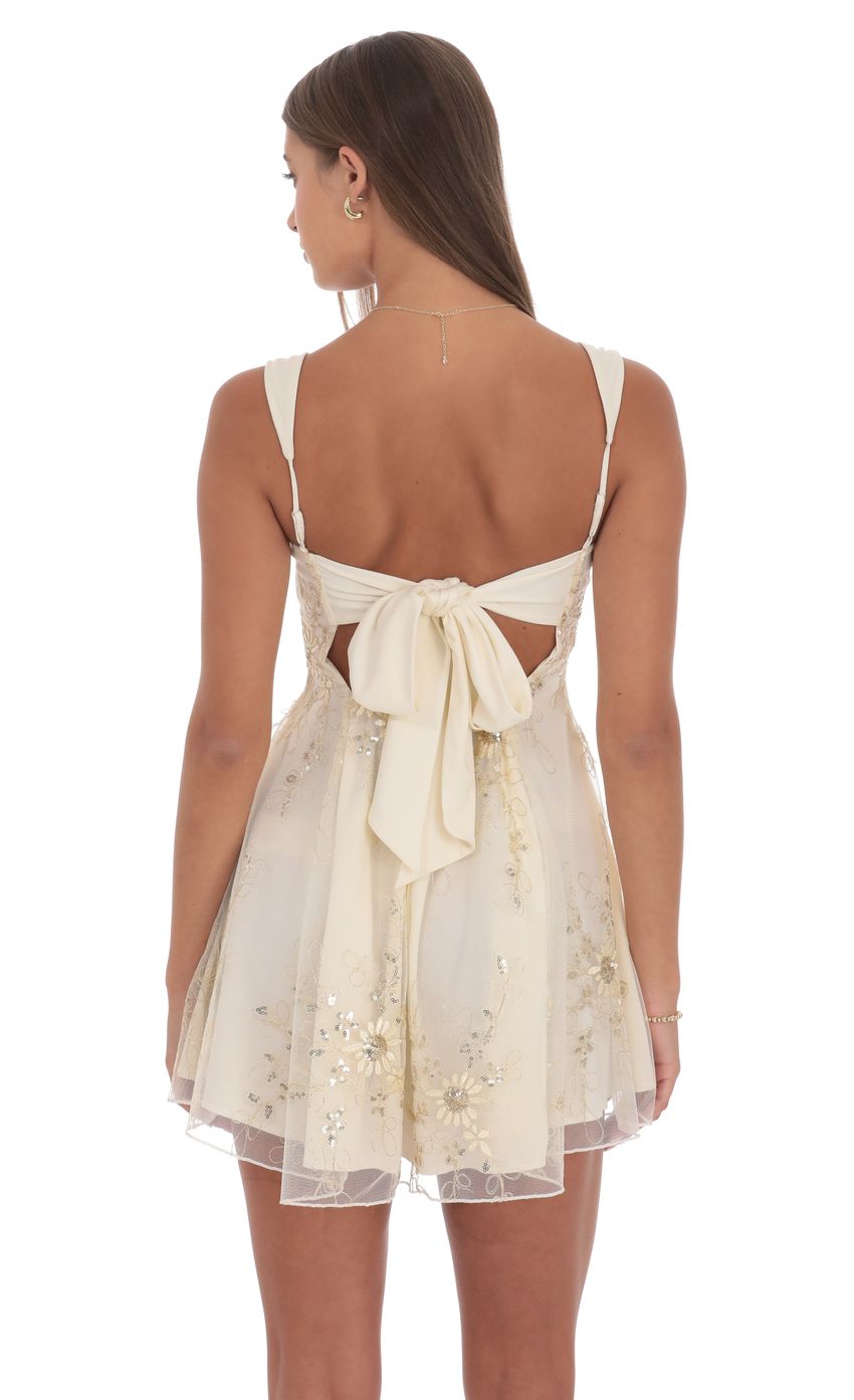 Floral Gold Sequin Fit and Flare Dress in Ivory