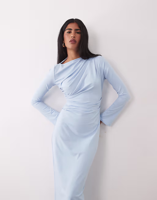 asymmetric drape slash neck maxi dress in blue