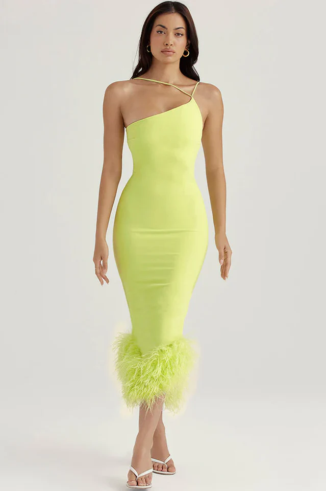 One Shoulder Halter Fur Swing Dress