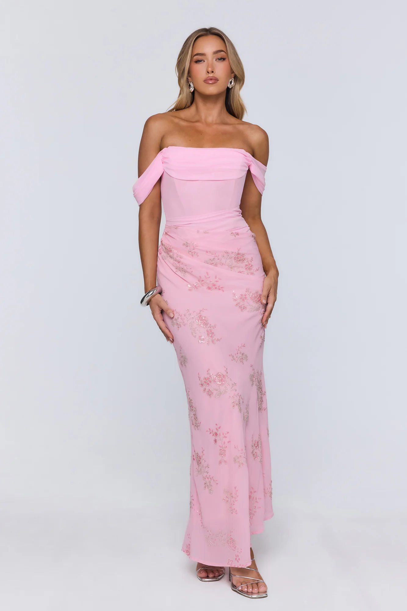 Pretty Glow Up Off Shoulder Maxi Dress Pink