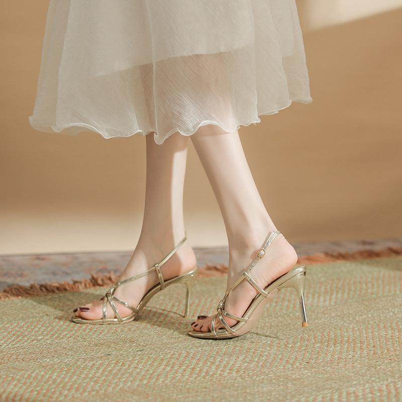 Gold Faux Leather Ankle Strap Round Stiletto heel Sandals 795355491225