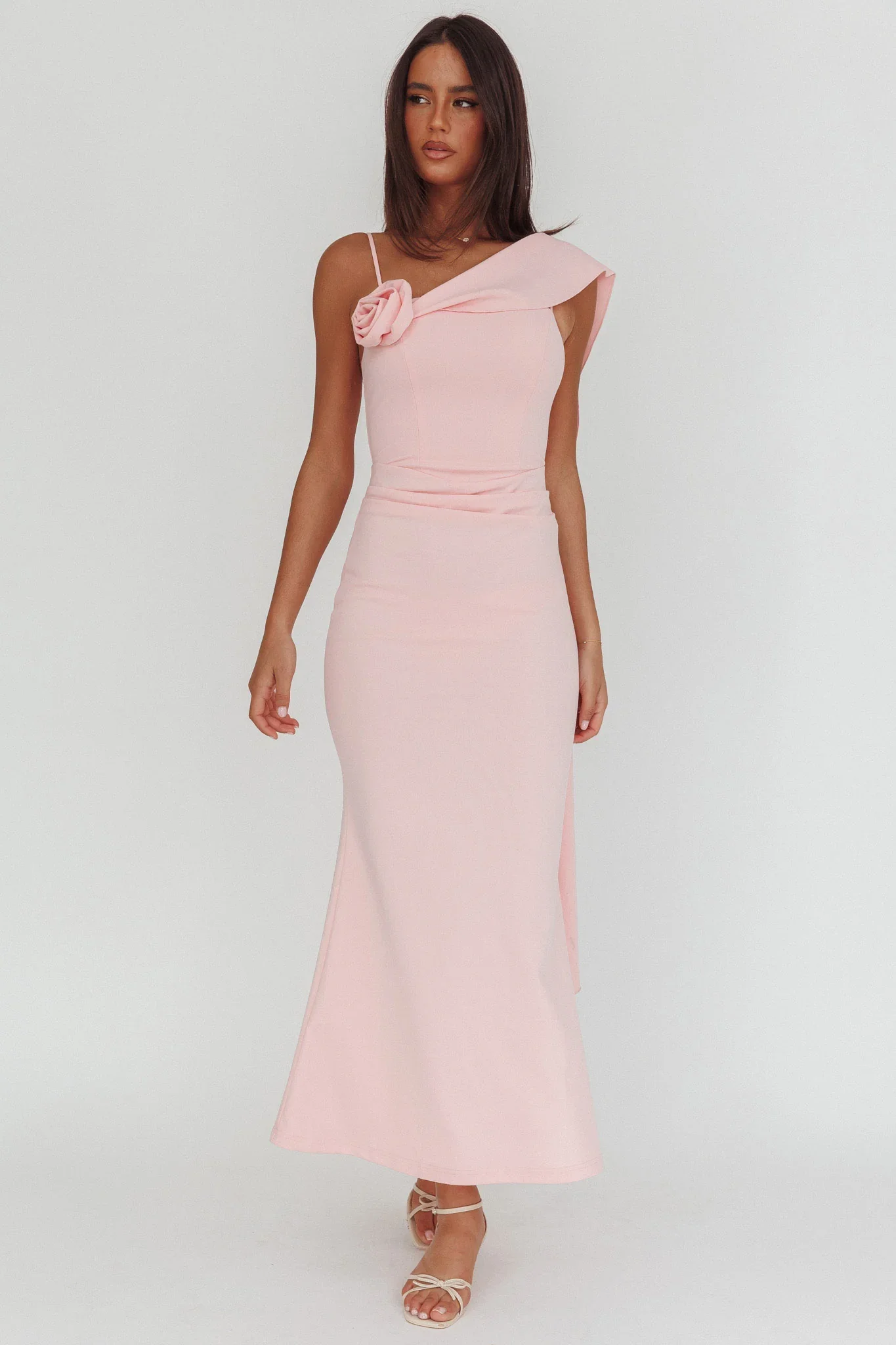 Sugar High Asymmetric Shoulder Drape Maxi Dress Pink