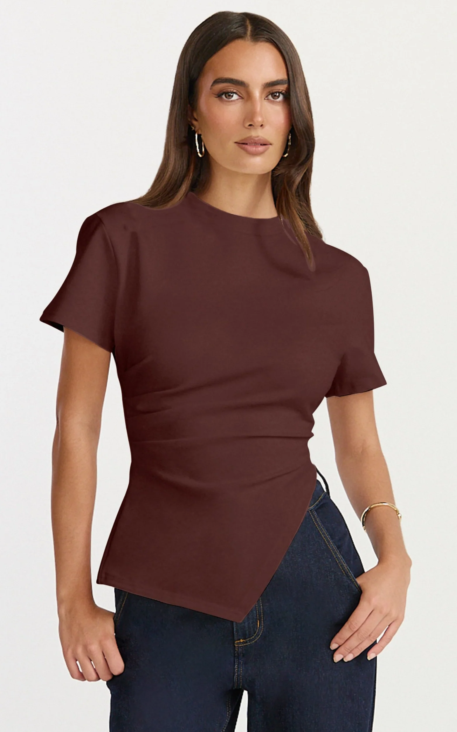 Rosalie Top - Asym Ruched Tshirt in Chocolate