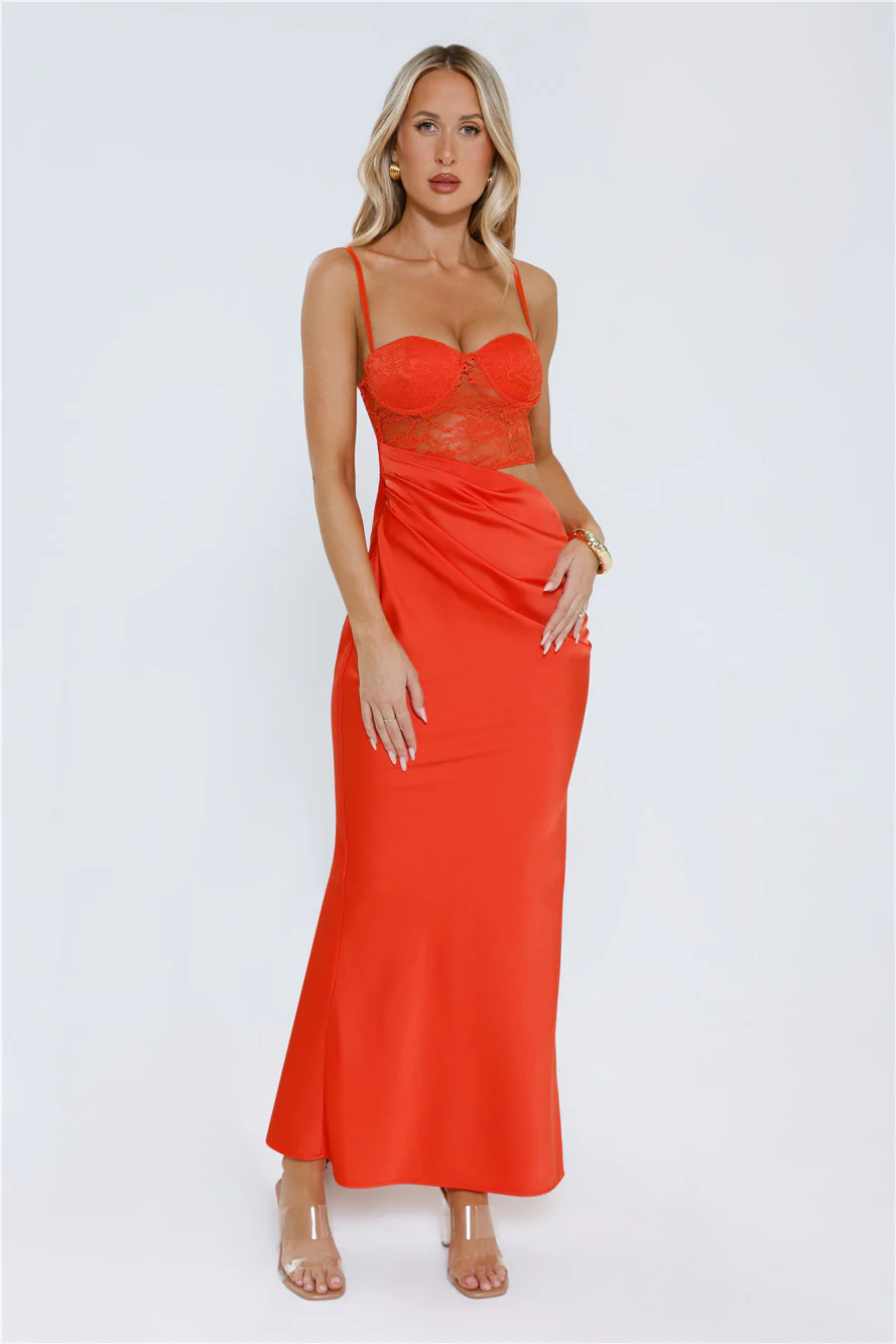 Slow Summer Nights Lace Satin Maxi Dress Tangerine