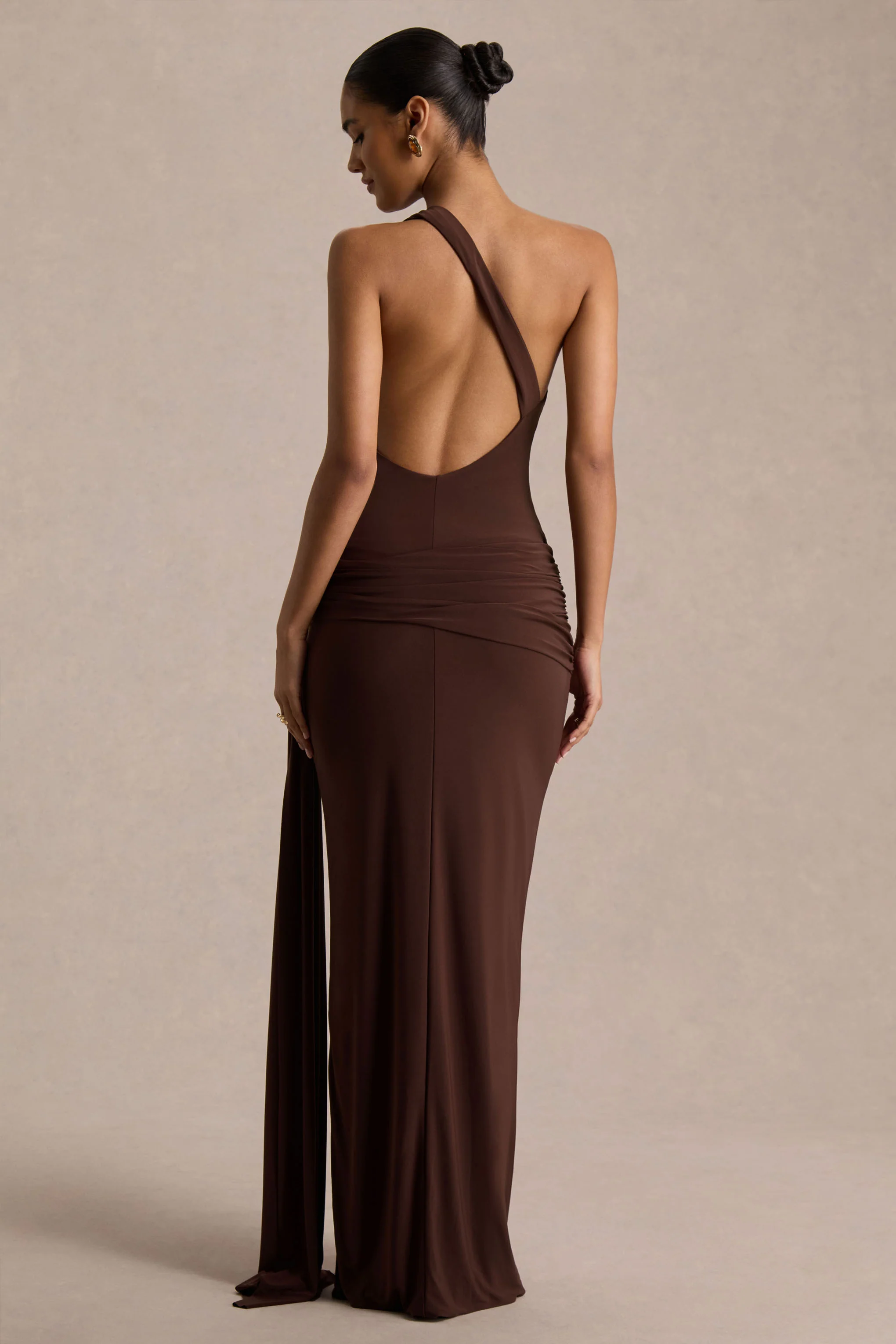 Bonnie | Brown Asymmetric-Neck Maxi Dress With Open-Back