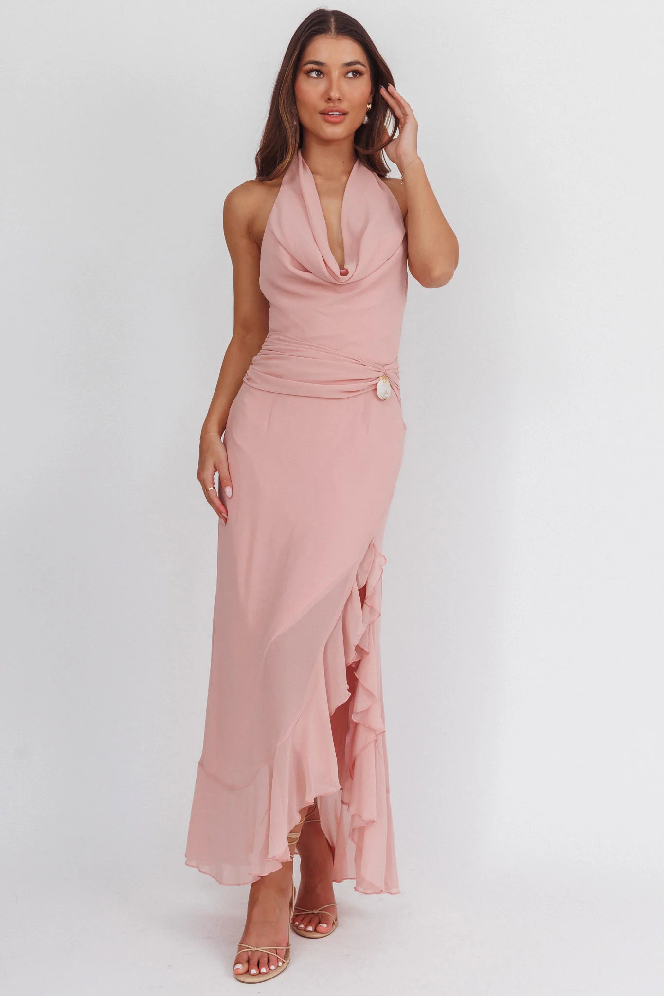 Logen Cowl Halterneck Maxi Dress Blush - luluinthesky