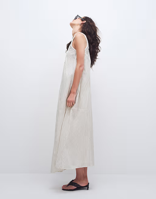 poplin scoop ruched neck maxi sundress in black and cream striped print