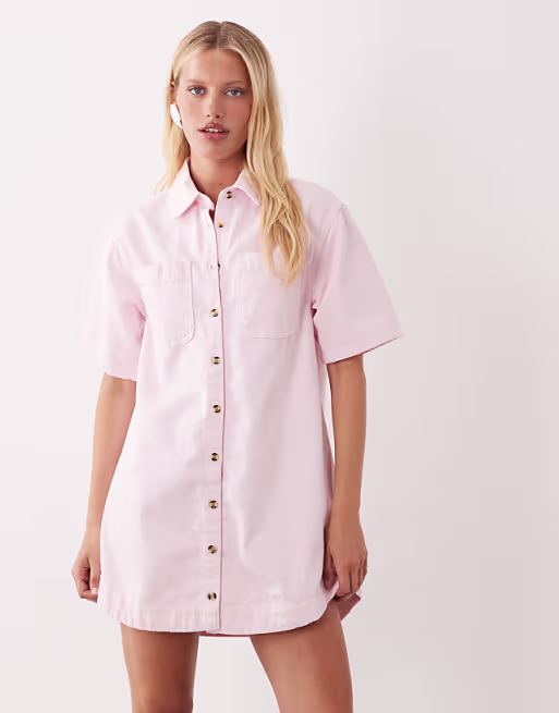 denim boxy shirt dress with pocket detail in pink