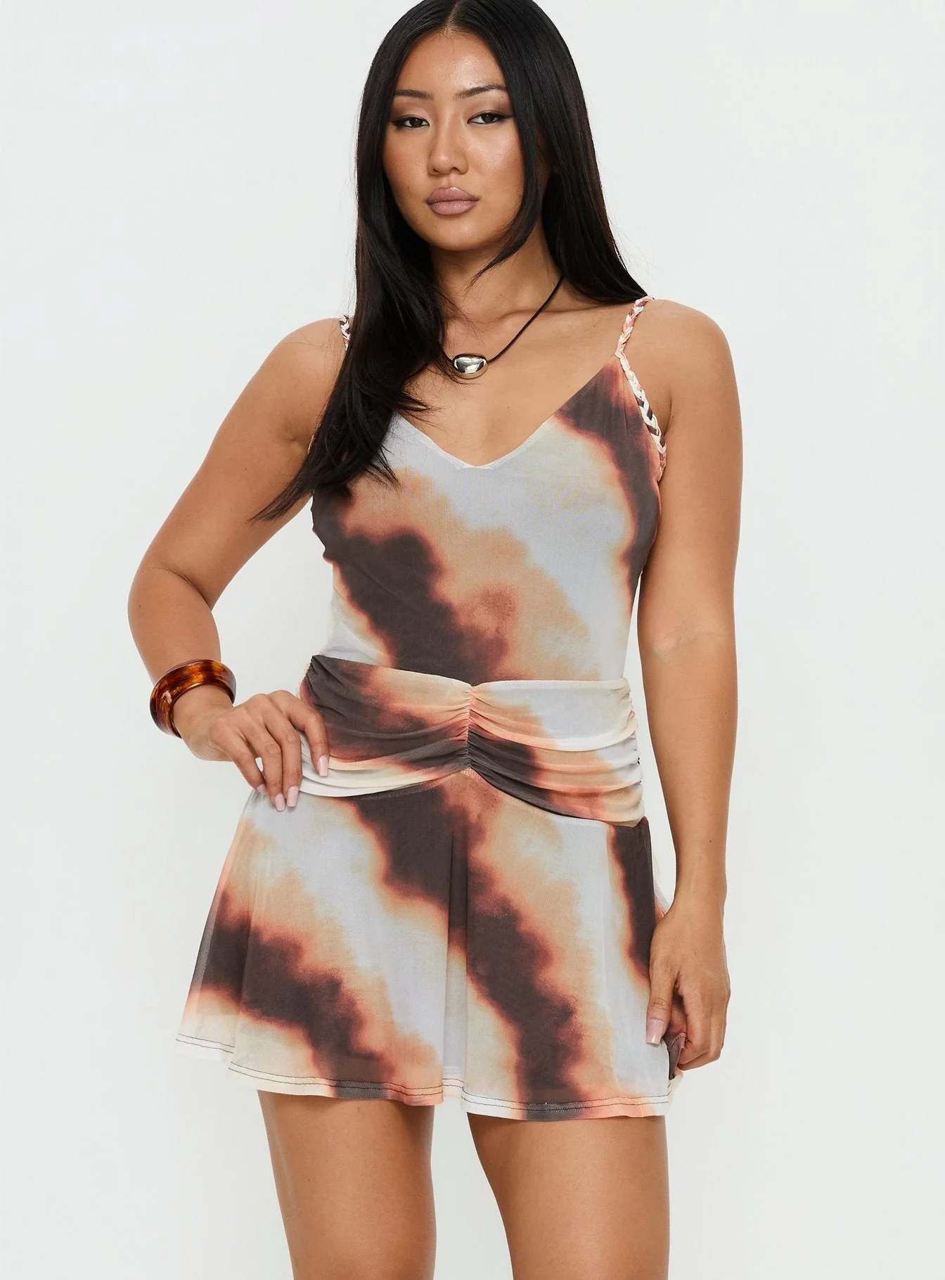 Milanie Ruched Mini Dress Brown / Orange Stripe