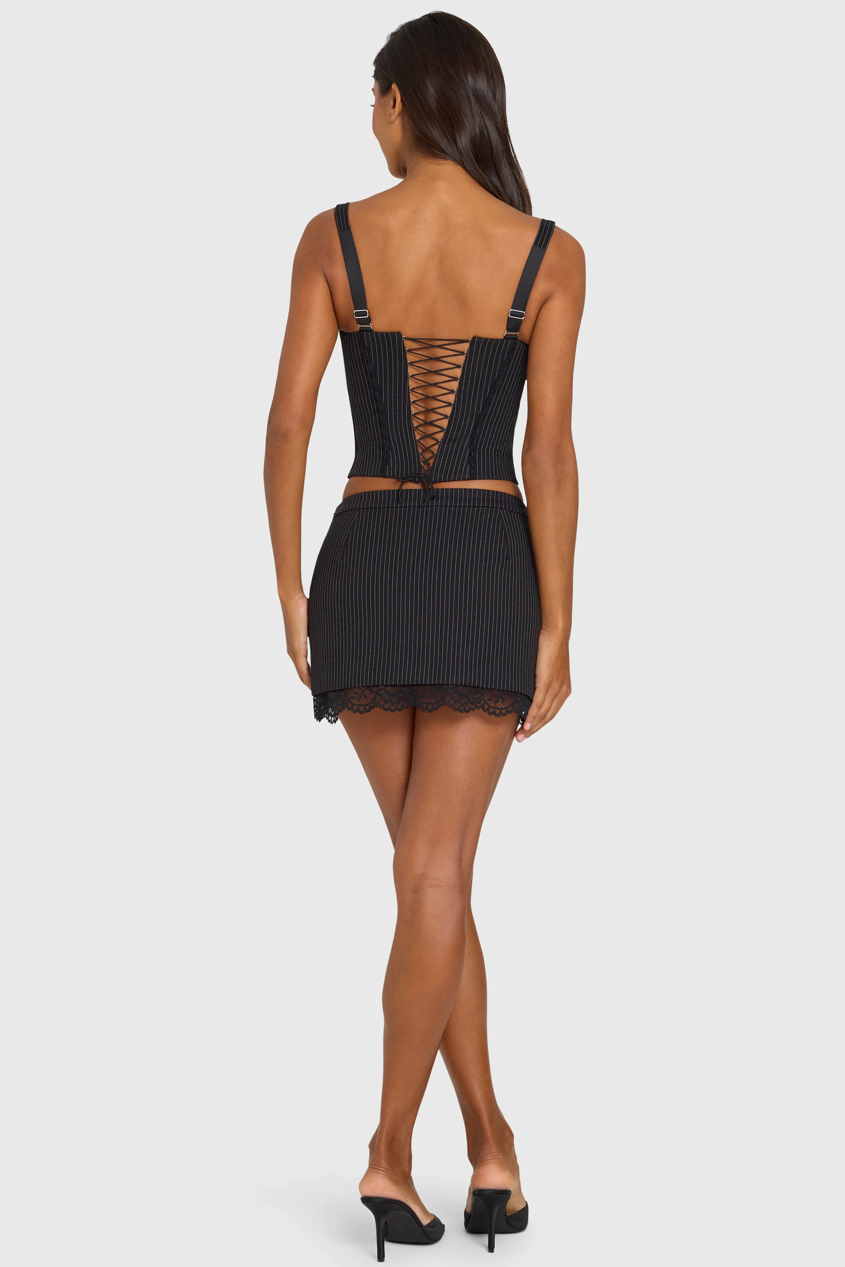 Ponte Lace-Trim Mini Skirt in Black Pinstripe