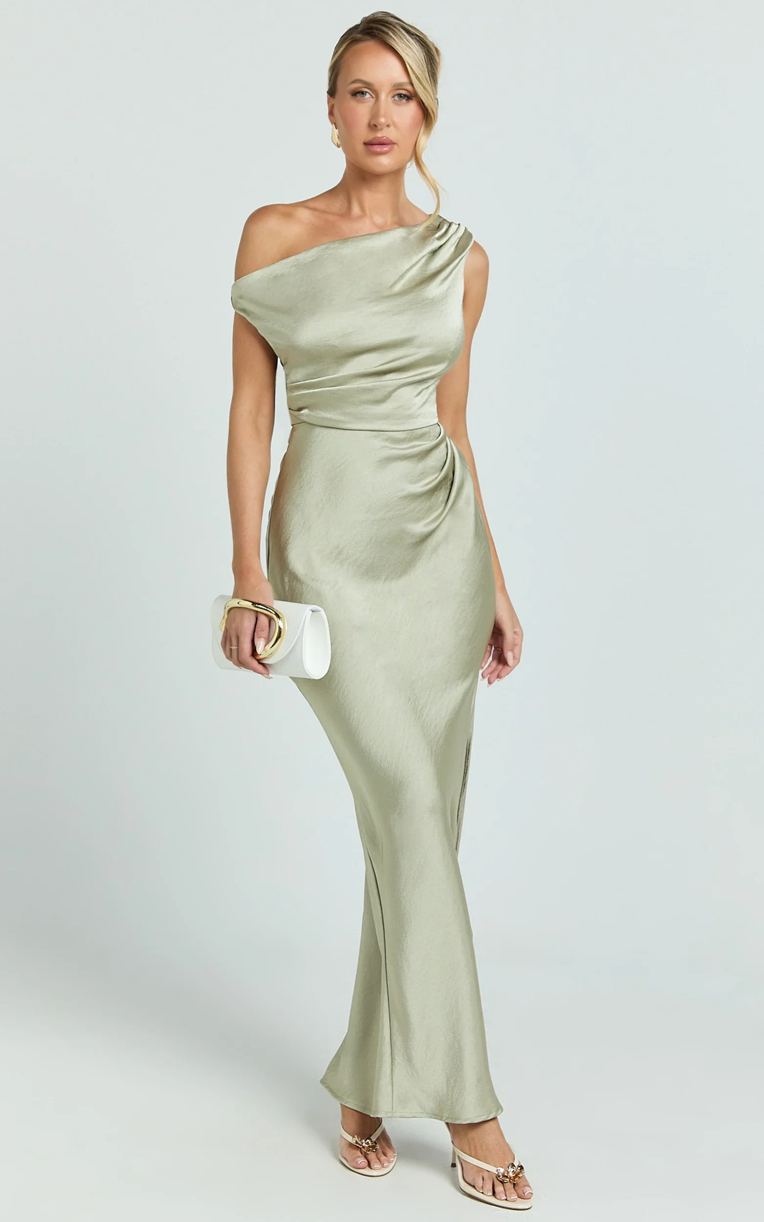 Laurie Maxi Dress - One Shoulder Ruched Dress in Light Olive