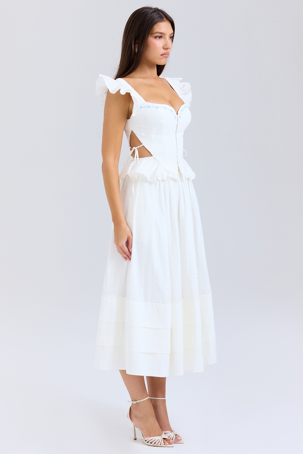 White Embroidered Cotton Midi Skirt