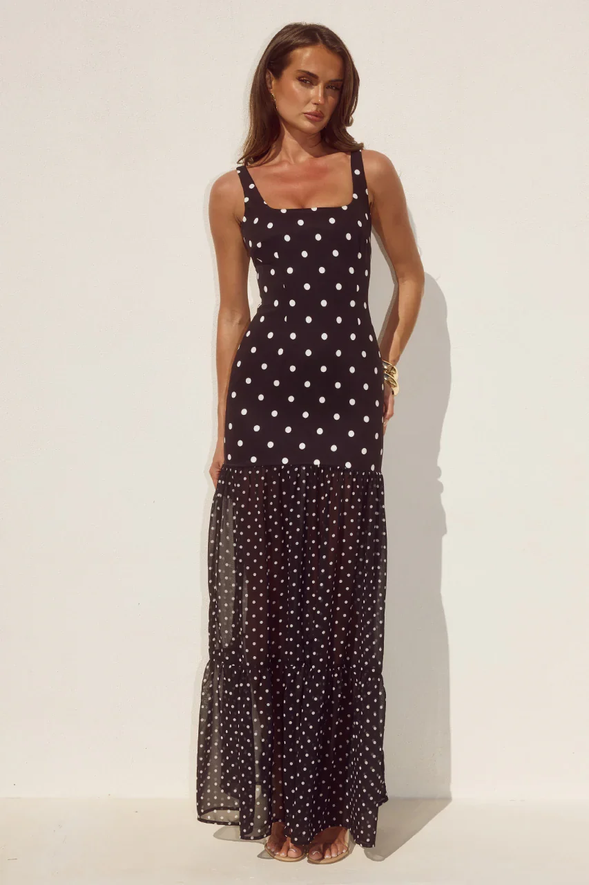 TILLIE SHEER BOTTOM MAXI DRESS - BLACK/WHITE POLKA
