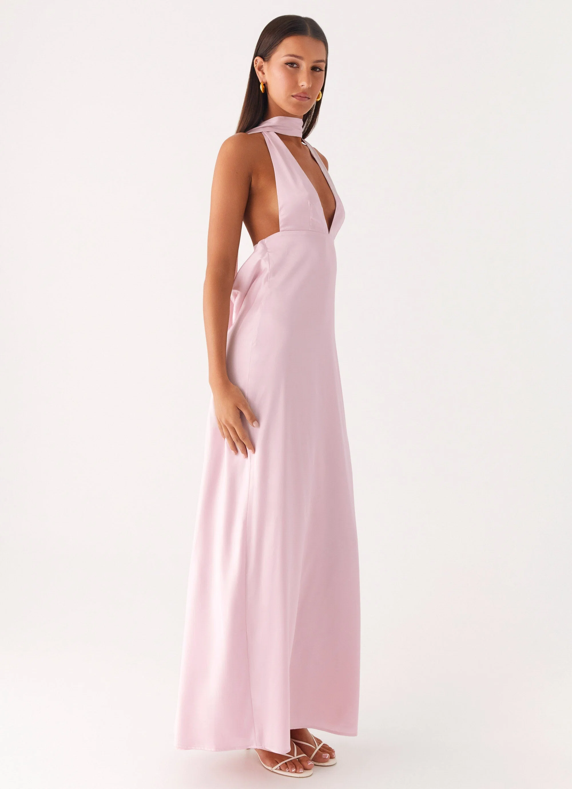 Alicia Satin Halter Maxi Dress - Baby Pink