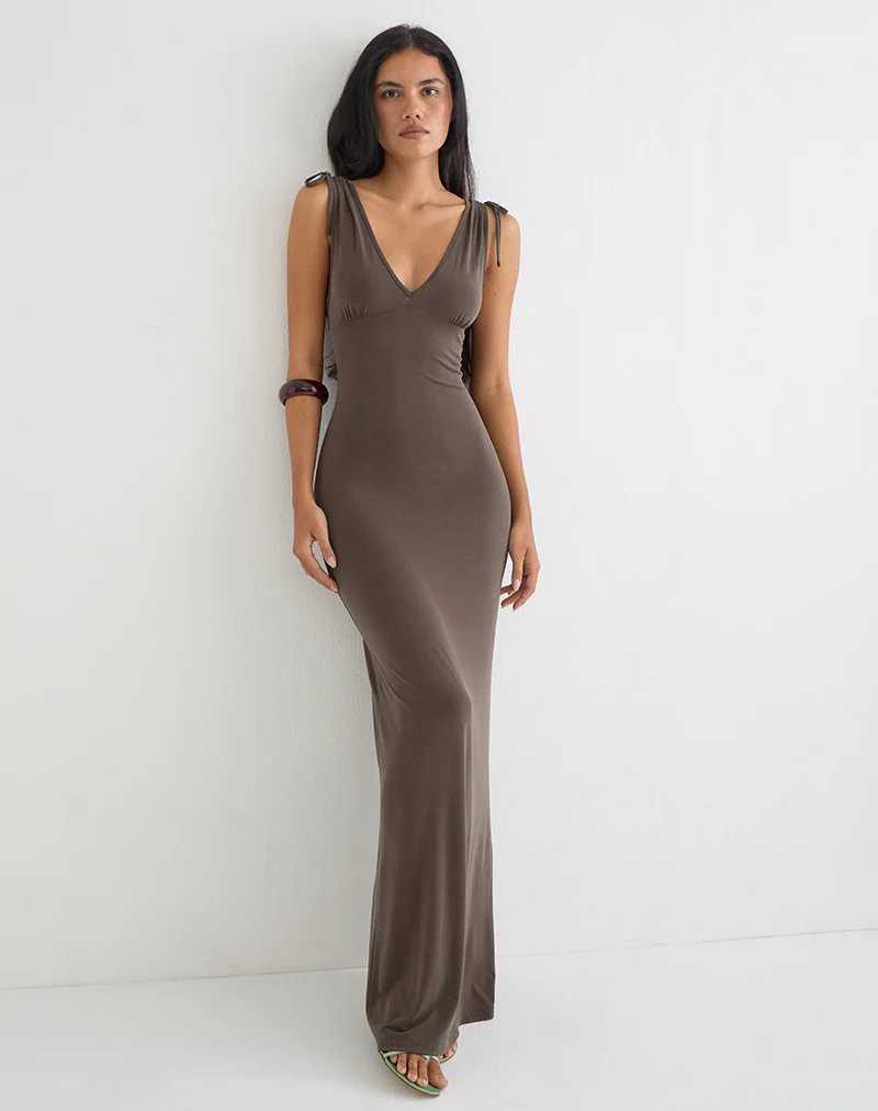 Sanyu Plunge Maxi Dress in Cupro Dark Brown