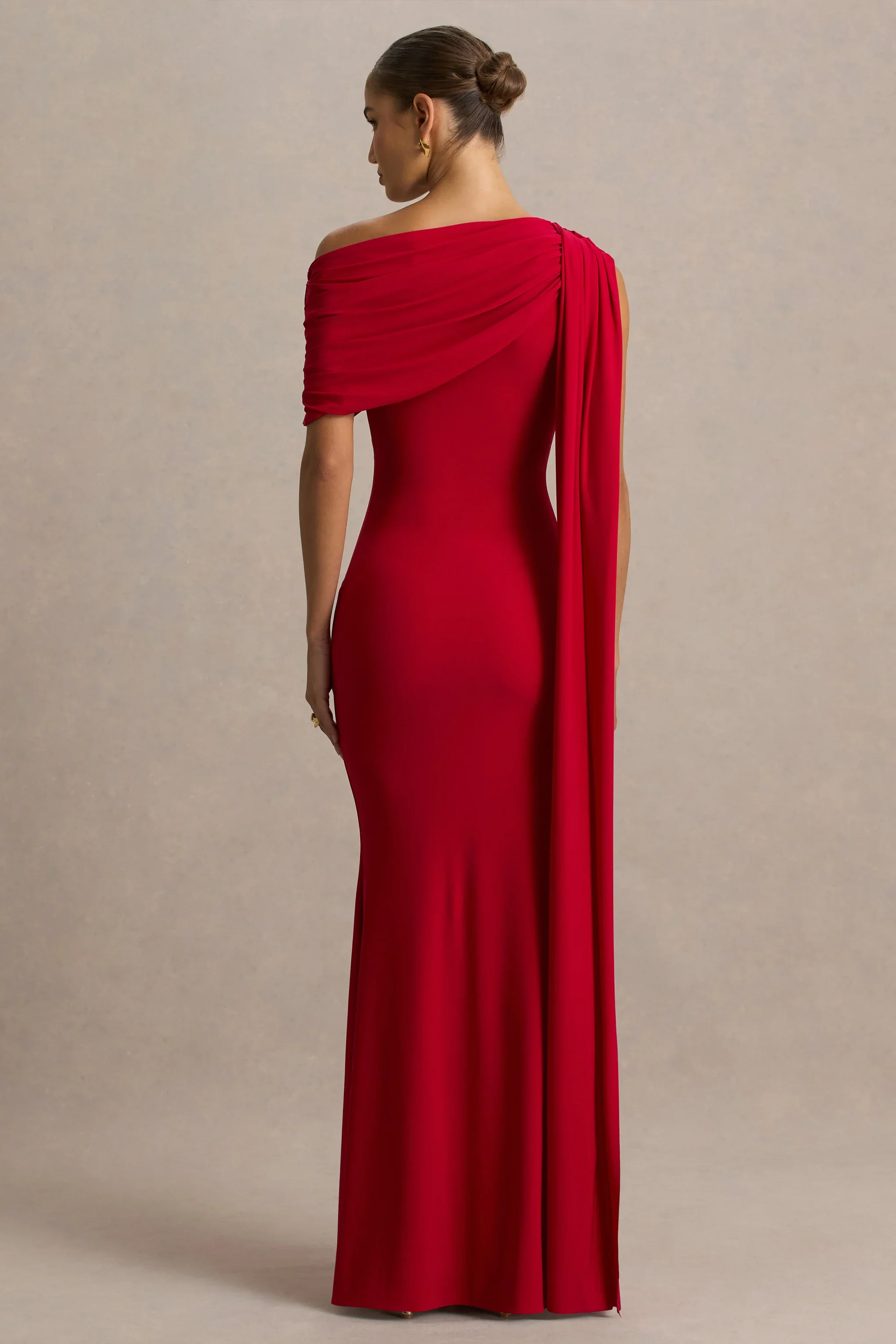 Zendaya | Red Asymmetric-Neck Fishtail Maxi Dress With Sash