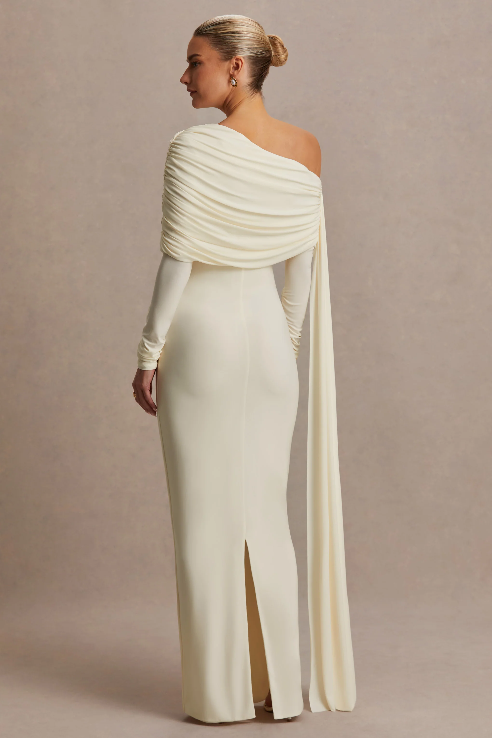 Cyra | Cream Asymmetric-Neck Maternity Maxi Dress With Sash