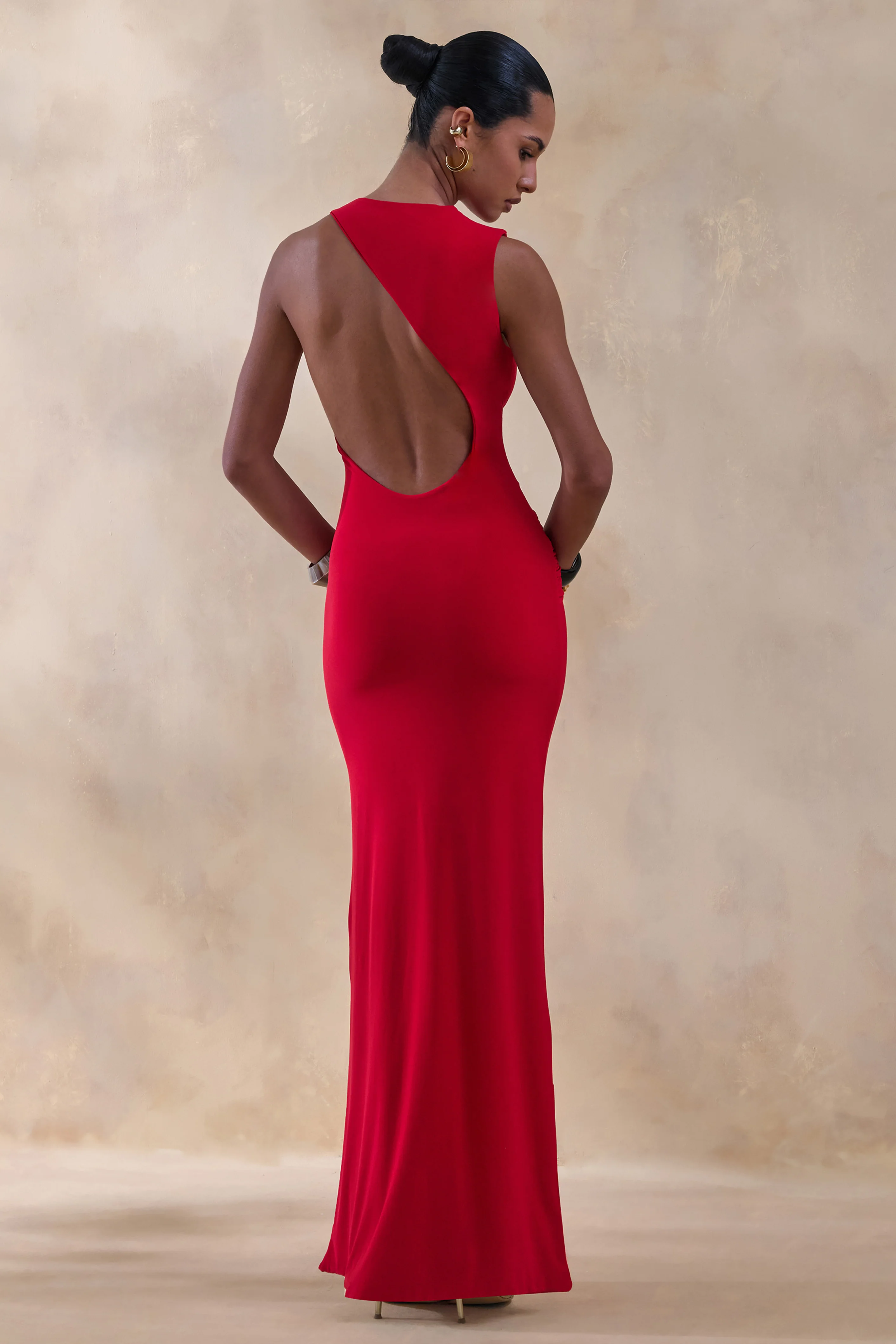 Neile | Red Crew-Neck Maxi Dress With Cut-Out and Sash Details