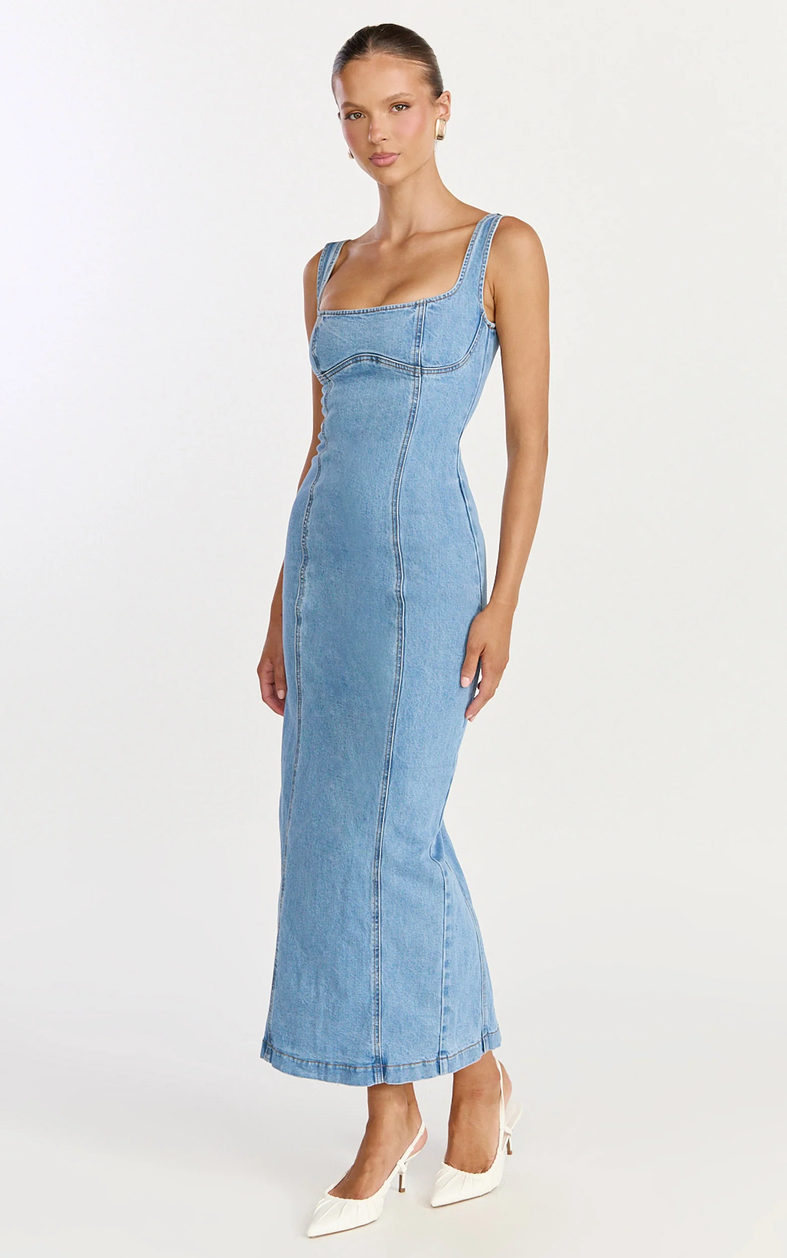 Kristie Midi Dress - Wide Neck Corset Detail Denim Dress in Light Mid Blue