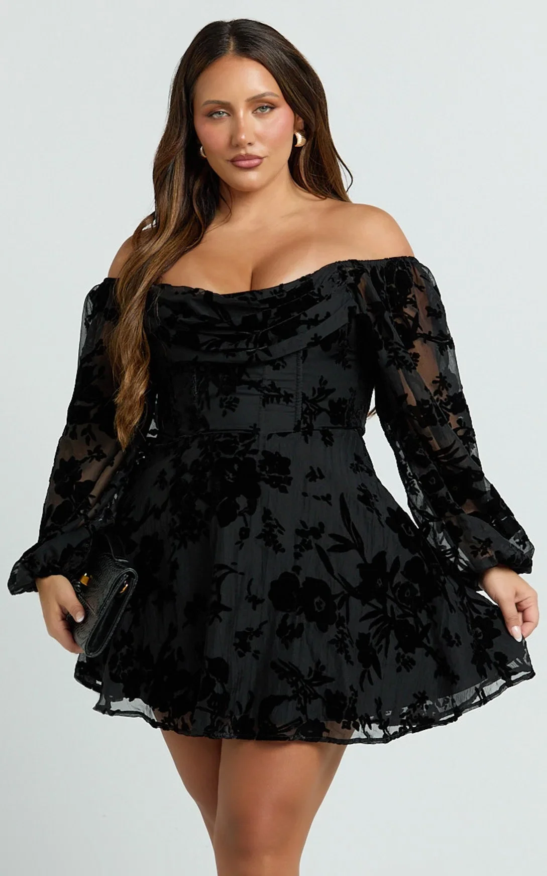 Jessell Mini Dress - Long Sleeve Cowl Corset Dress in Ebony Burnout